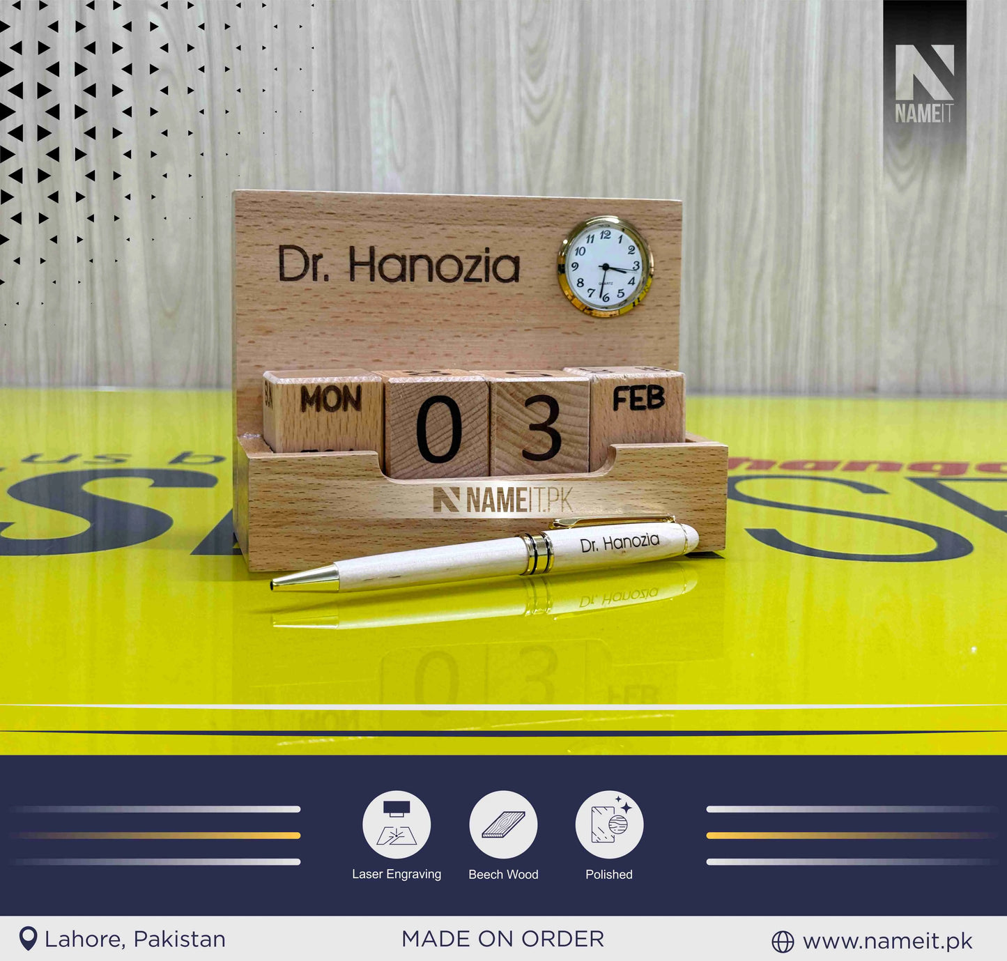 Wooden Pen stand with clock & Calendar With Pen | Desk organizer with Month, Date Calendar | Pen stand with clock for office, work, Home Decor, 2 compartment wooden pen stand