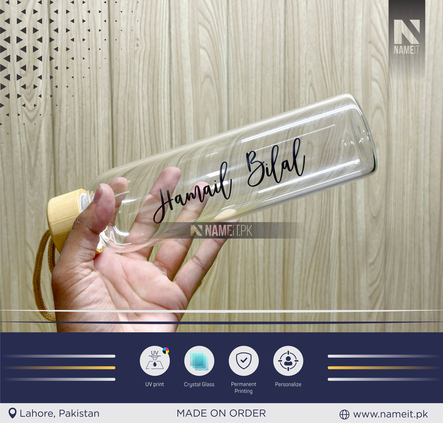 Water Bottle, Crystal Glass Water Bottle with Sleeve Available | Custom Glass Water Bottle | Customizable to Any Design Available