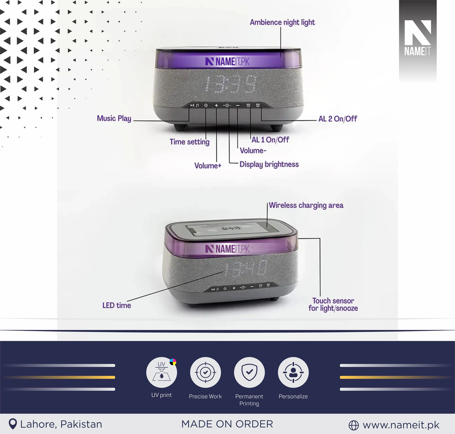 Wireless Mobile Charger Clock with Bluetooth Speaker | Sound Base | Alarm | Ambient Lights NAMEIT PAKISTAN