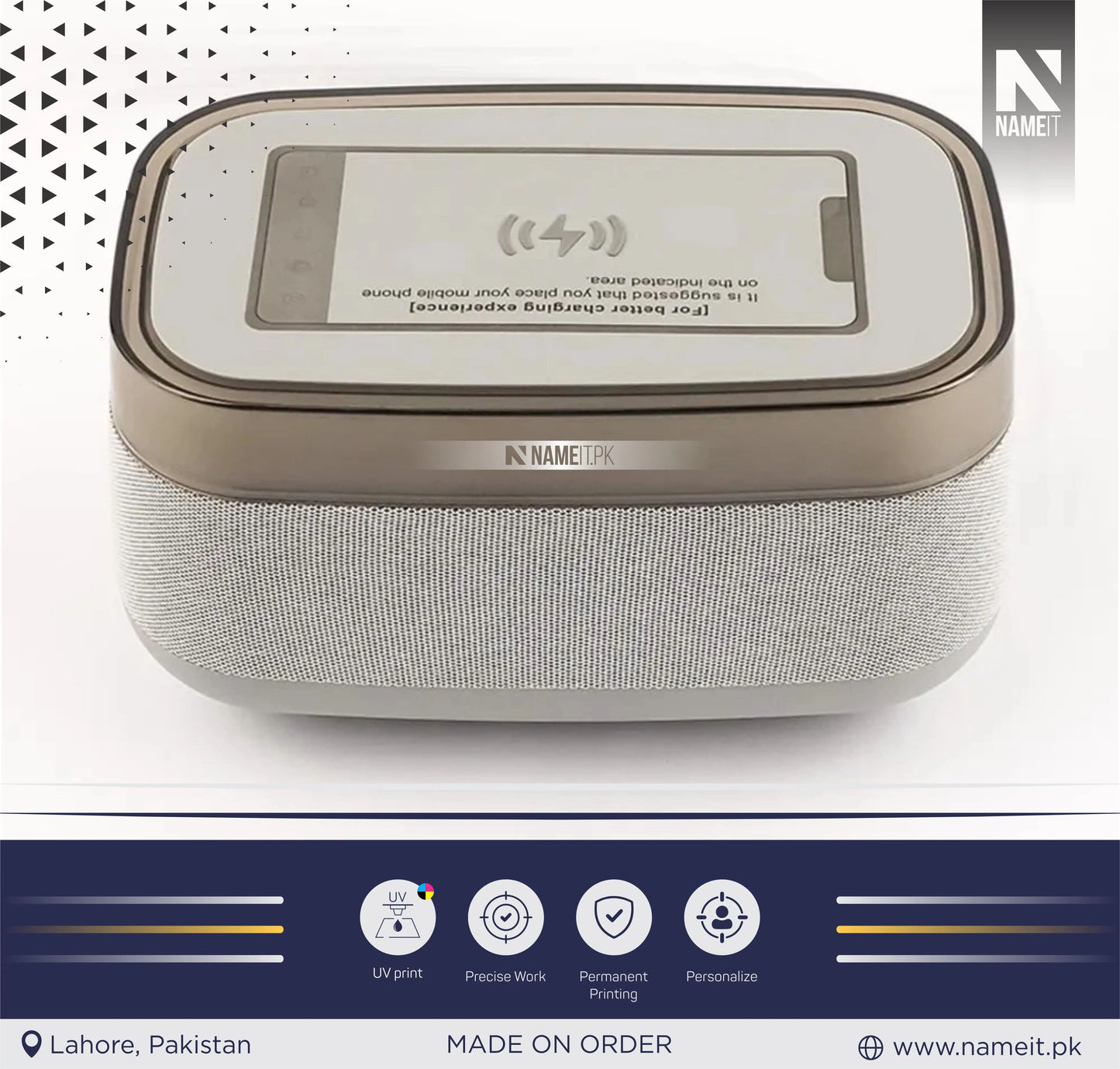 Wireless Mobile Charger Clock with Bluetooth Speaker | Sound Base | Alarm | Ambient Lights NAMEIT PAKISTAN