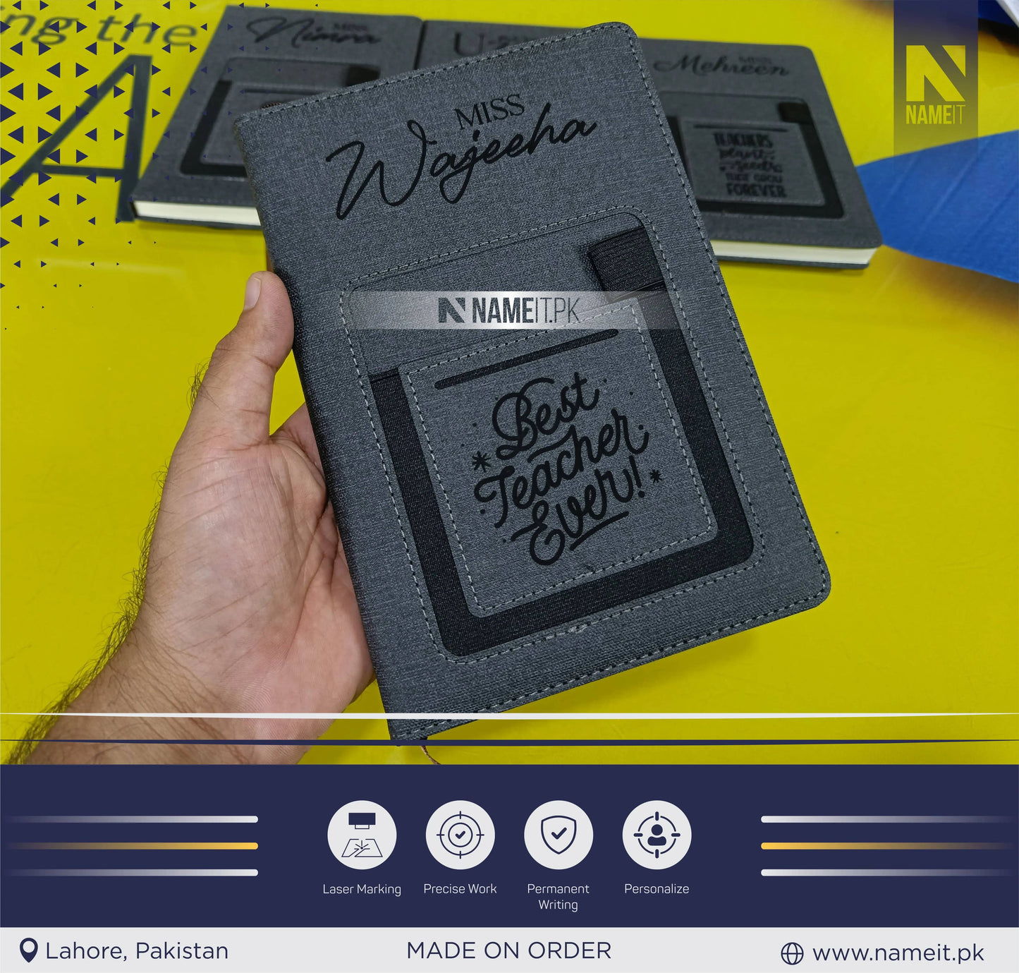 Diary, Engraved A5 Hardcover Line Notebook With Cellphone Pocket Custom Logo PU Leather Diary NAMEIT PAKISTAN