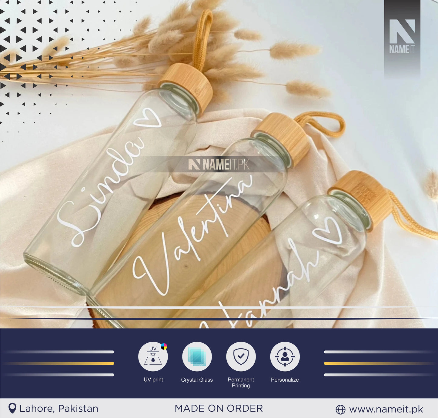 Water Bottle, Crystal Glass Water Bottle with Sleeve Available | Custom Glass Water Bottle | Customizable to Any Design Available