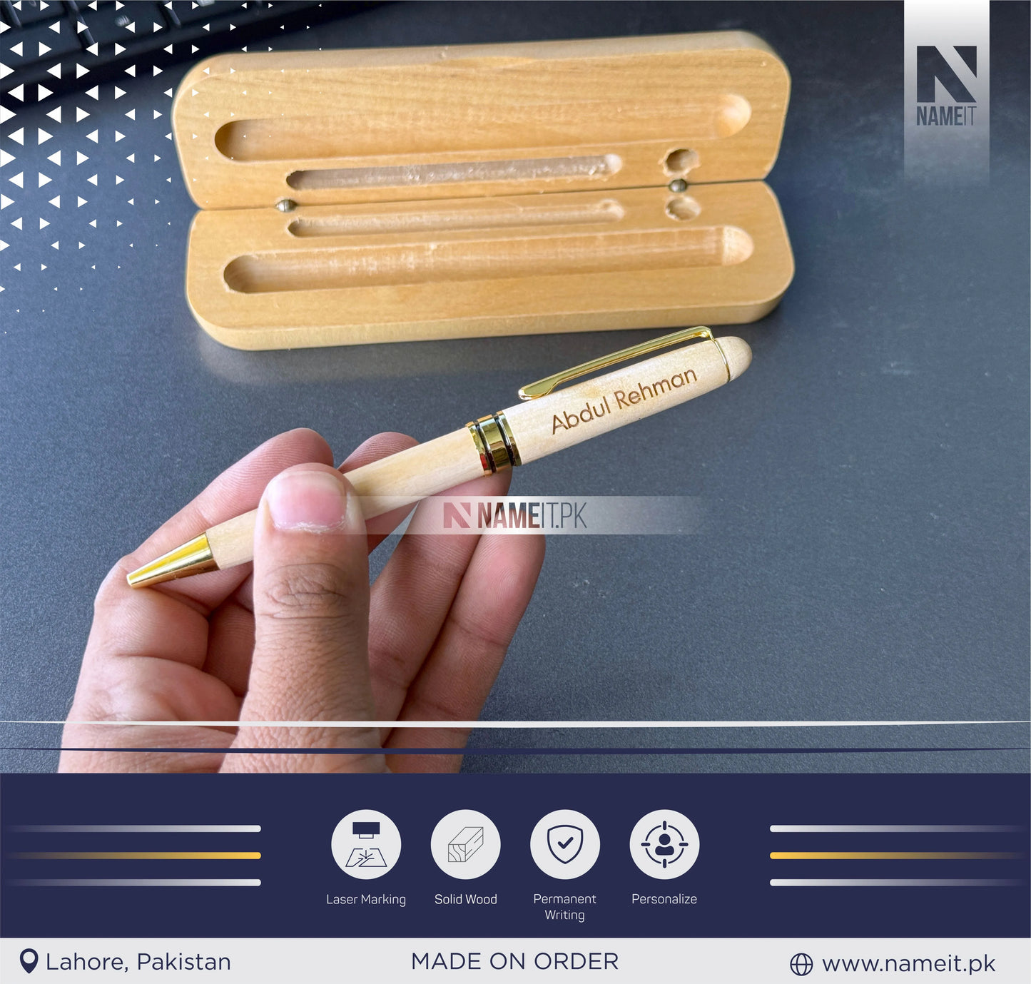 Wooden Pen and Holder Box, Custom Engraved Name Wooden Holder Box Set