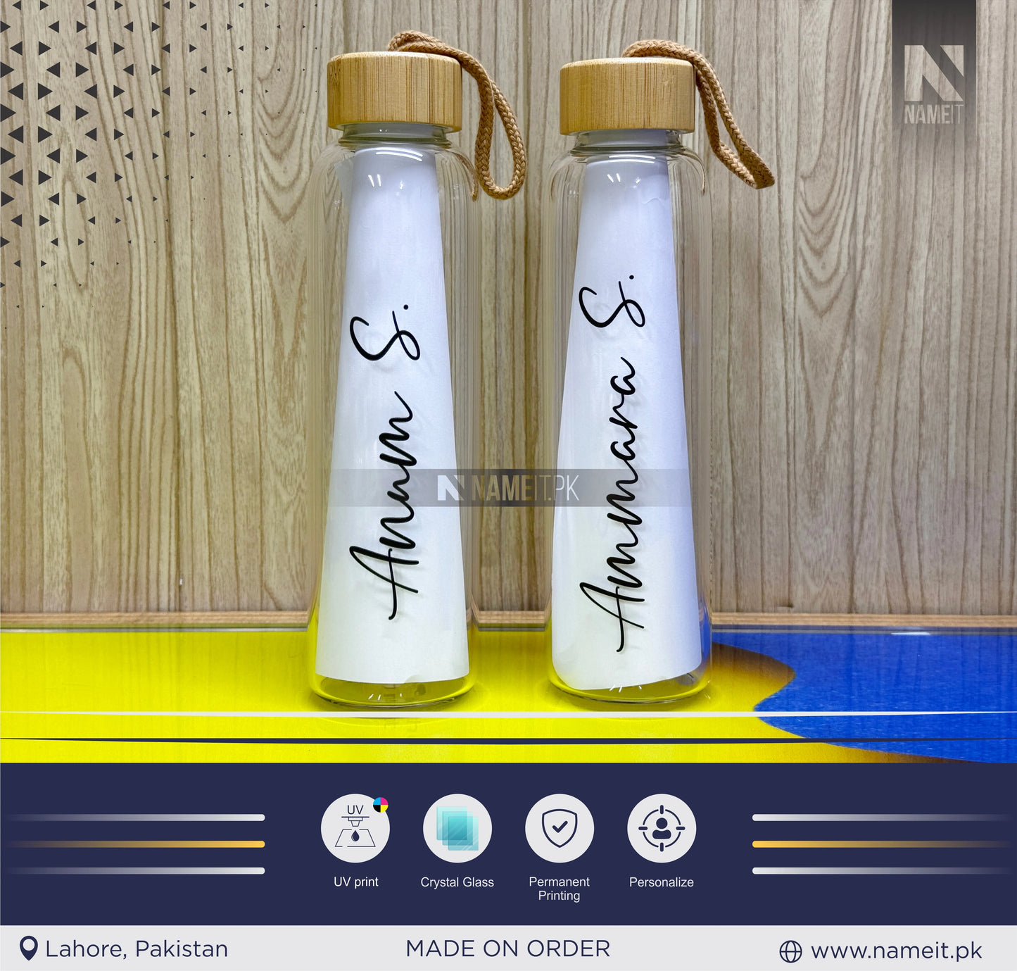Water Bottle, Crystal Glass Water Bottle with Sleeve Available | Custom Glass Water Bottle | Customizable to Any Design Available