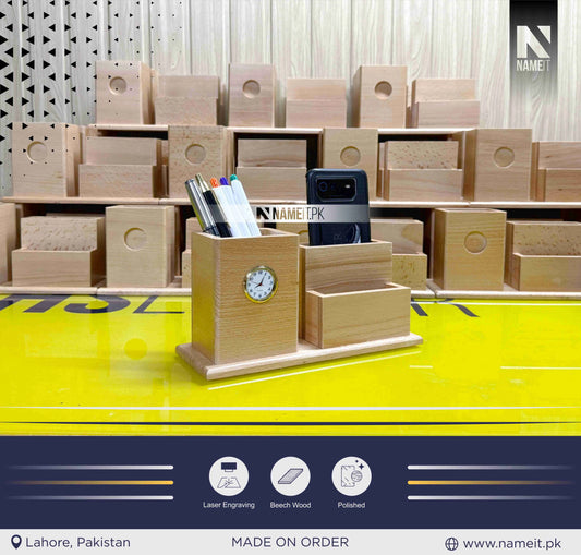 Personalized Desk Organizer With Your Name & Comapny Logo, Wooden Pen Holder Gift for School, Office, Doctor, Nurse Docking Station with Clock Desk Tidy