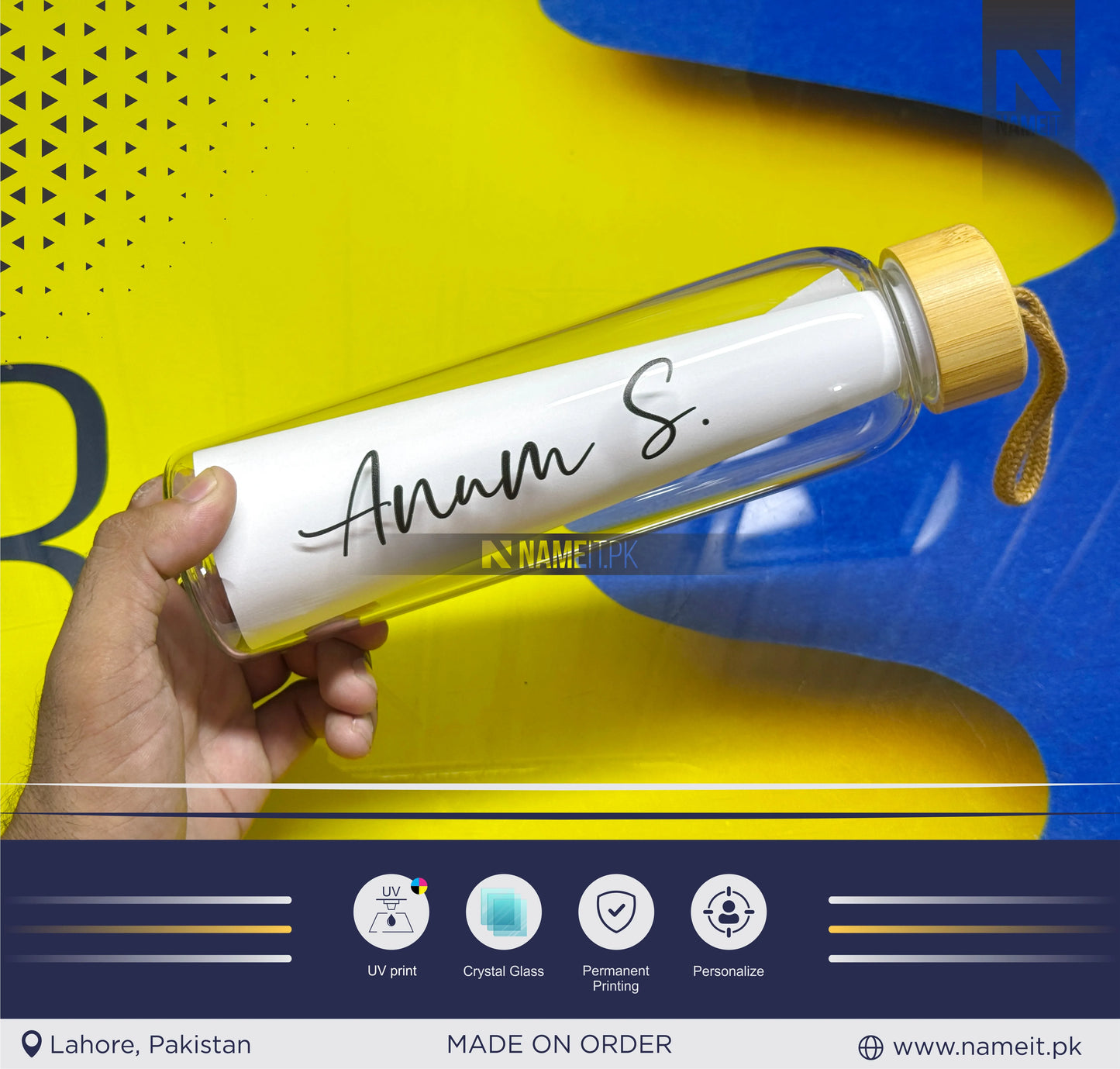 Water Bottle, Crystal Glass Water Bottle with Sleeve Available | Custom Glass Water Bottle | Customizable to Any Design Available