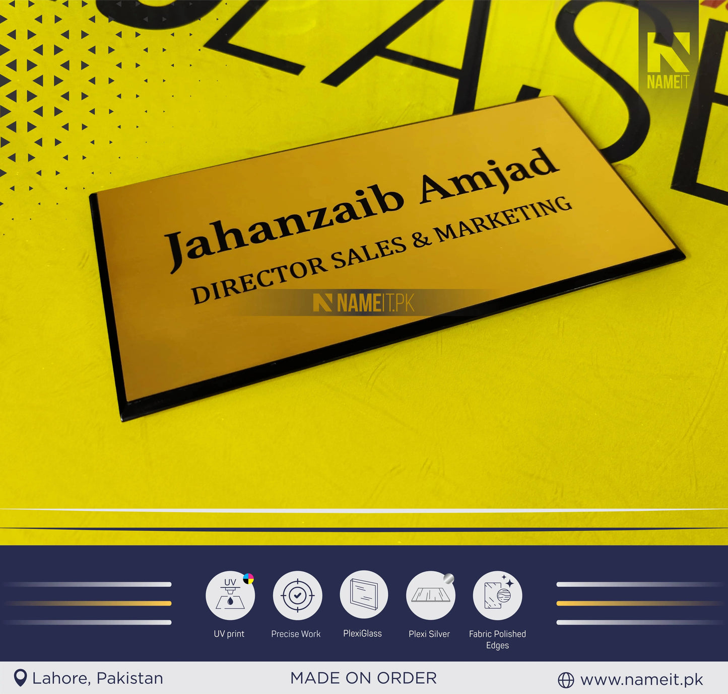 Personalised Acrylic Name Plate with brushed brass effect Printed NAMEIT PAKISTAN