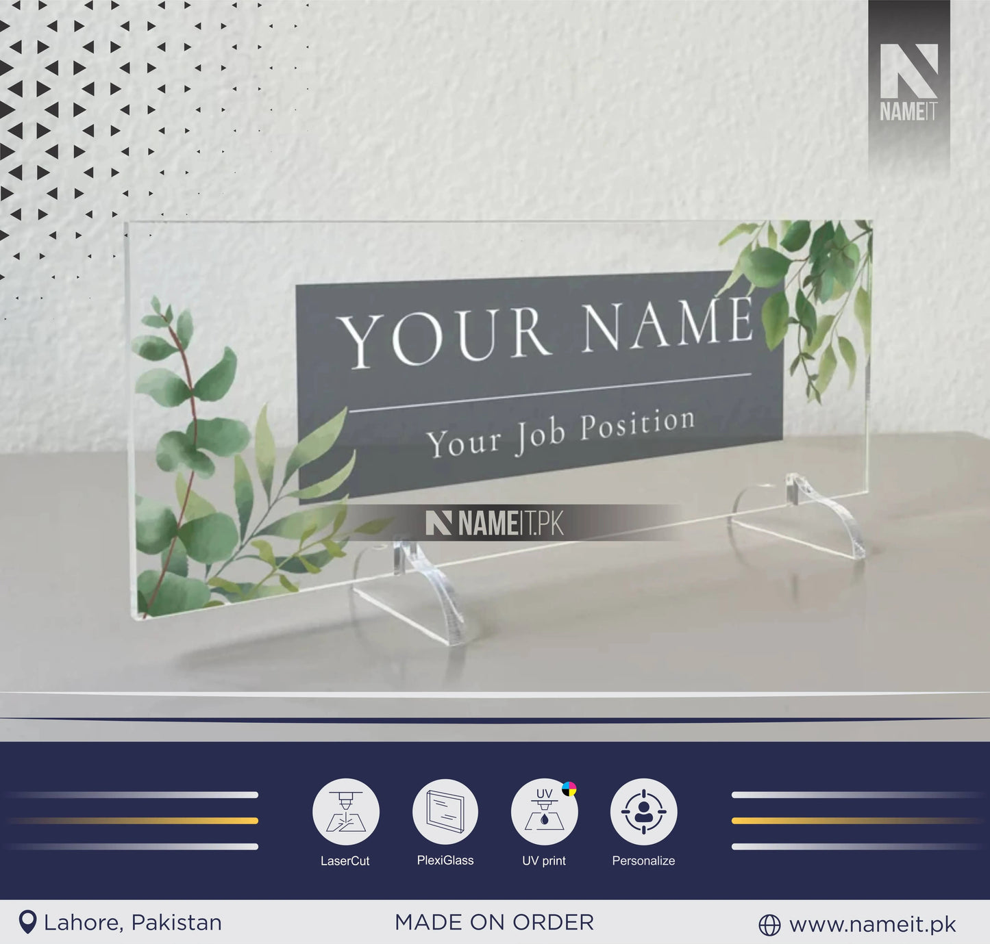 Custom Acrylic Name Plate with Leaves Pattern, Table Top Decoration, Transparent Acrylic Plexiglass, Modern Desk Decoration NAMEIT PAKISTAN