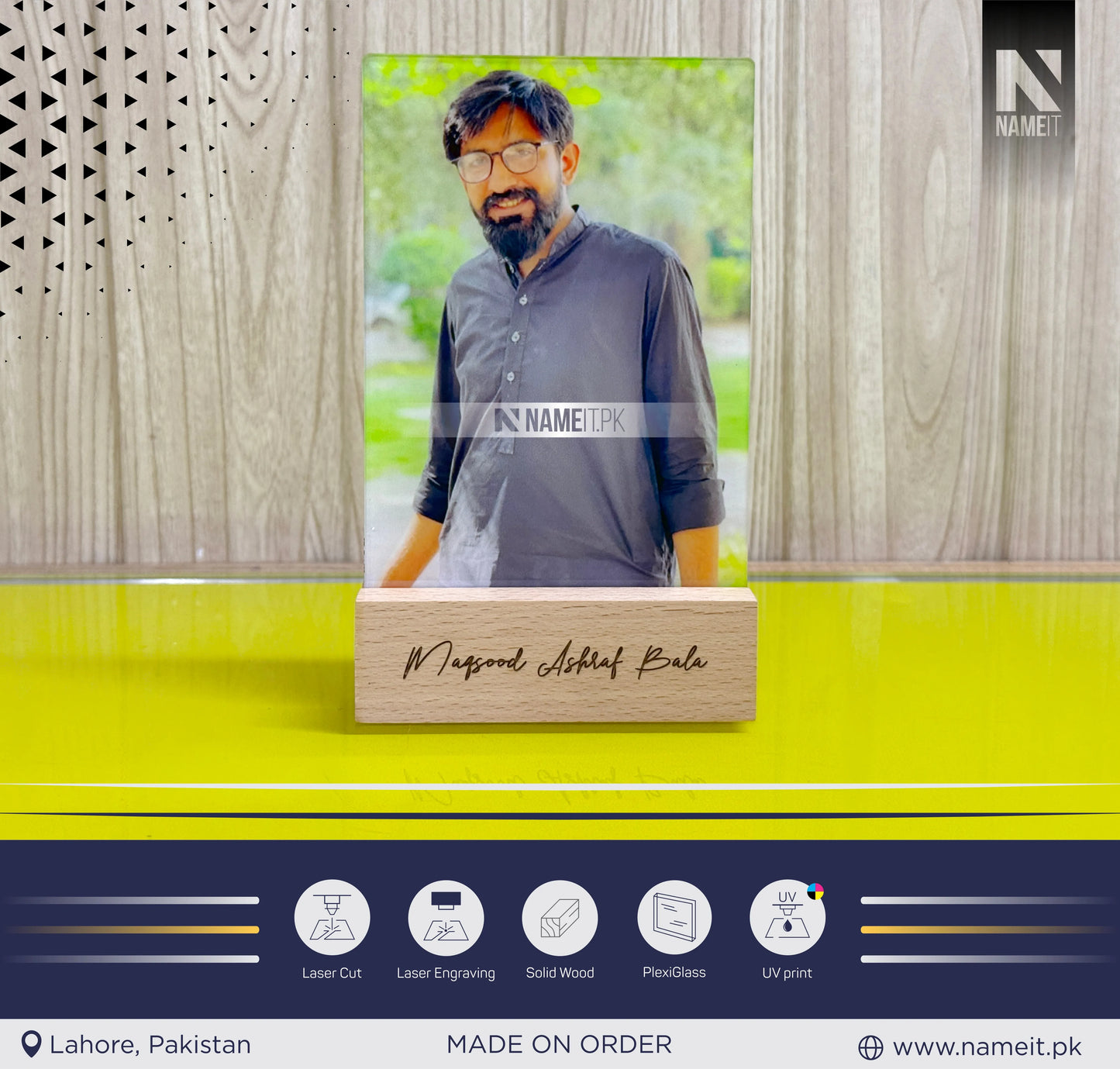 Table Photo Frame, Natural Wooden Base, Custom made table top photograph holder display plaque. Engrave with your own messag