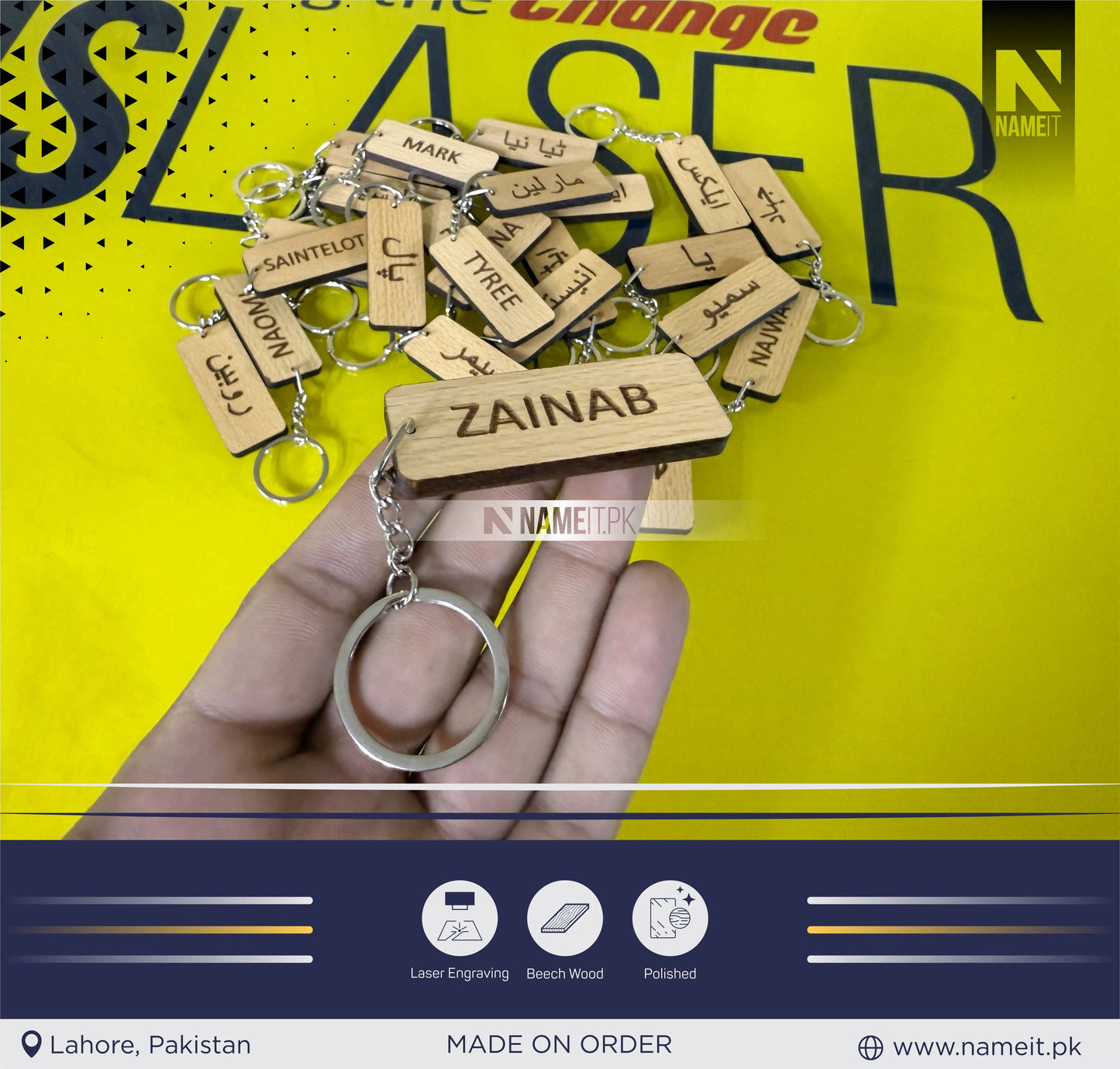 Personalised Engraved Wood Keyring, wood engraved keyring, custom engraved Keyring for Home, Holiday, Garage, Gate, Door, Post Box, Any Text NAMEIT PAKISTAN