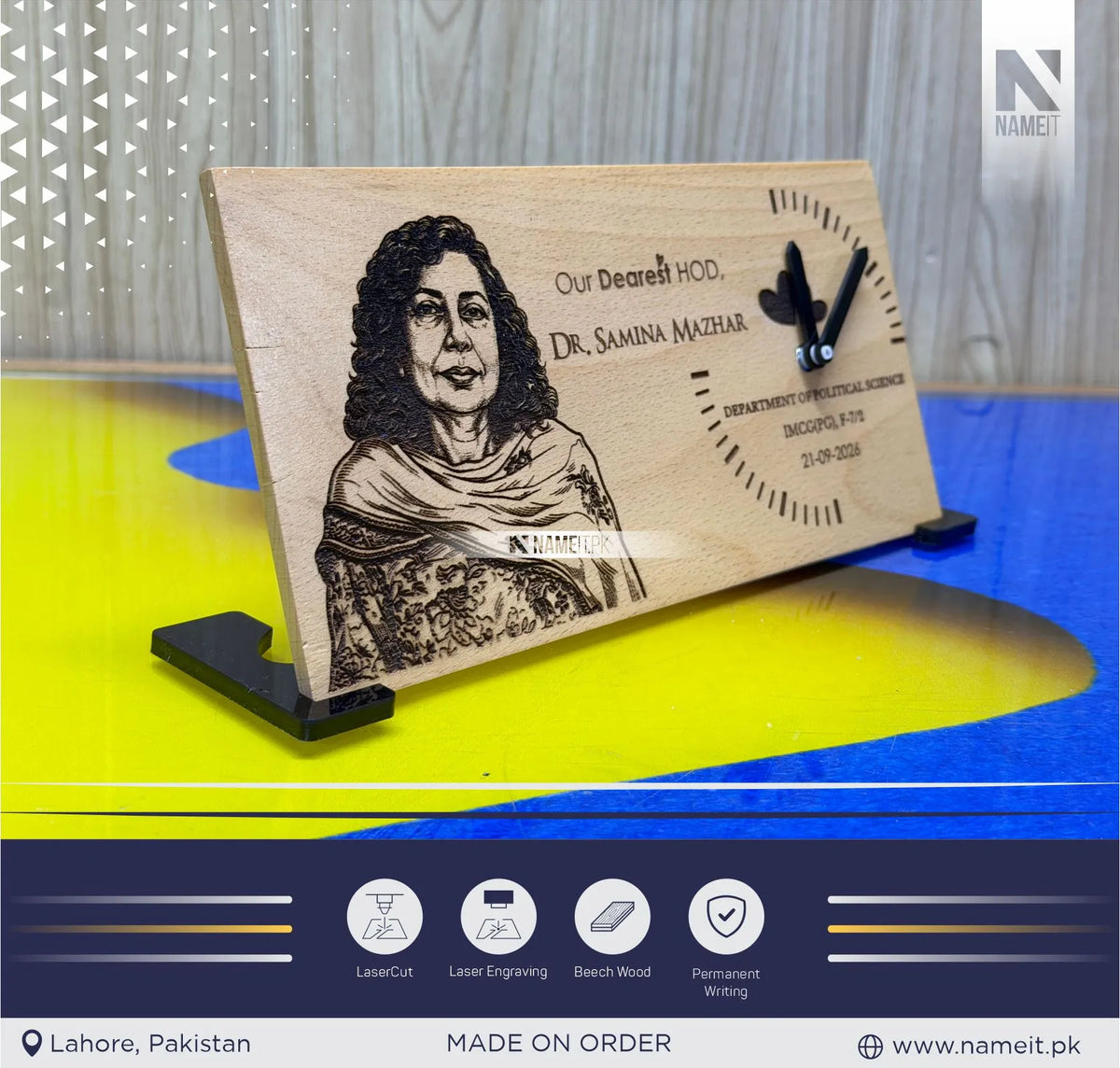 Personalized Wooden Desk Clock with Custom Laser Engraved Portrait | Customized Wooden Table Clock with Name, Message & Department Details | Premium Appreciation Gift