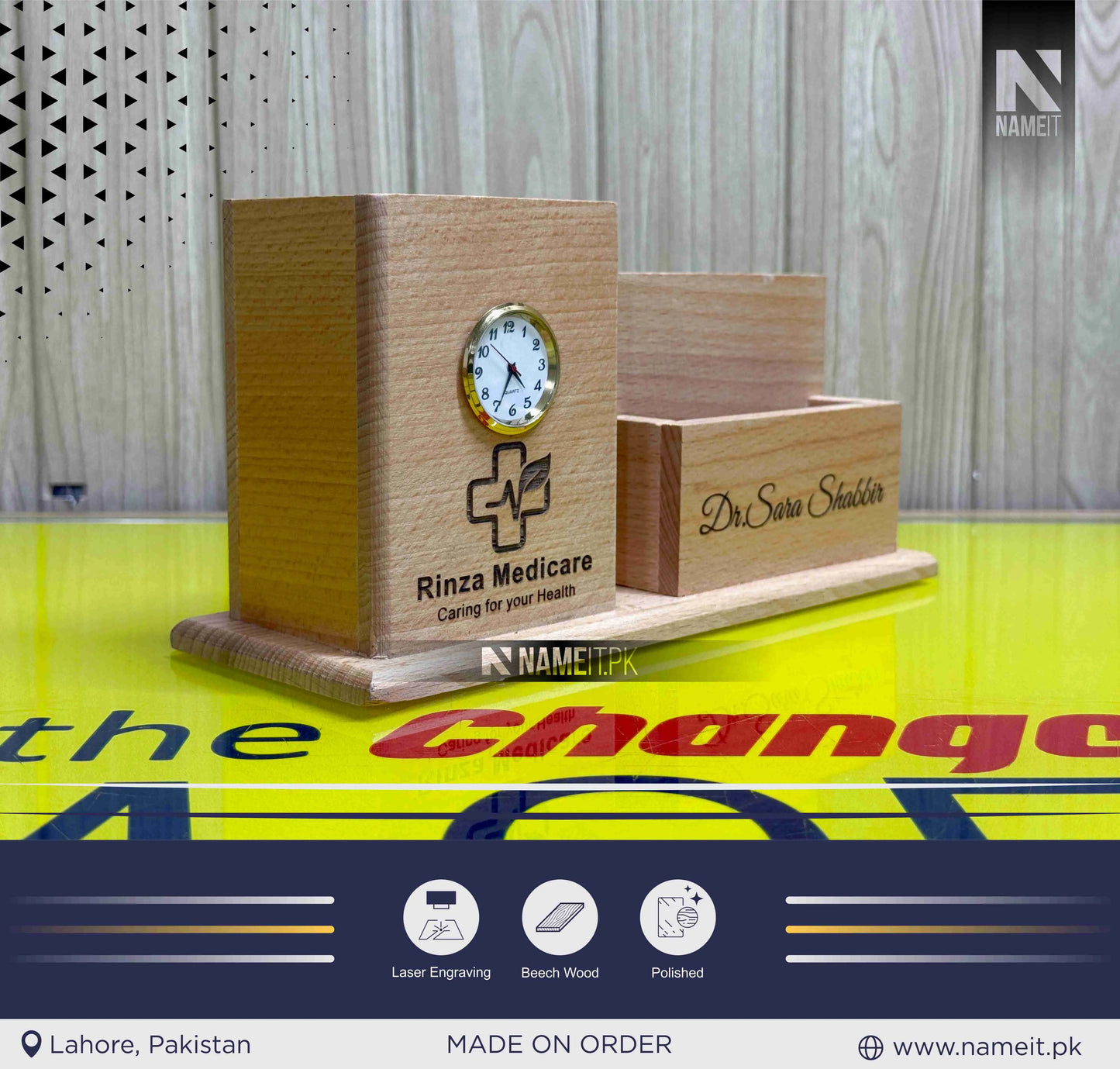 Personalized Desk Organizer With Your Name & Comapny Logo, Wooden Pen Holder Gift for School, Office, Doctor, Nurse Docking Station with Clock Desk Tidy