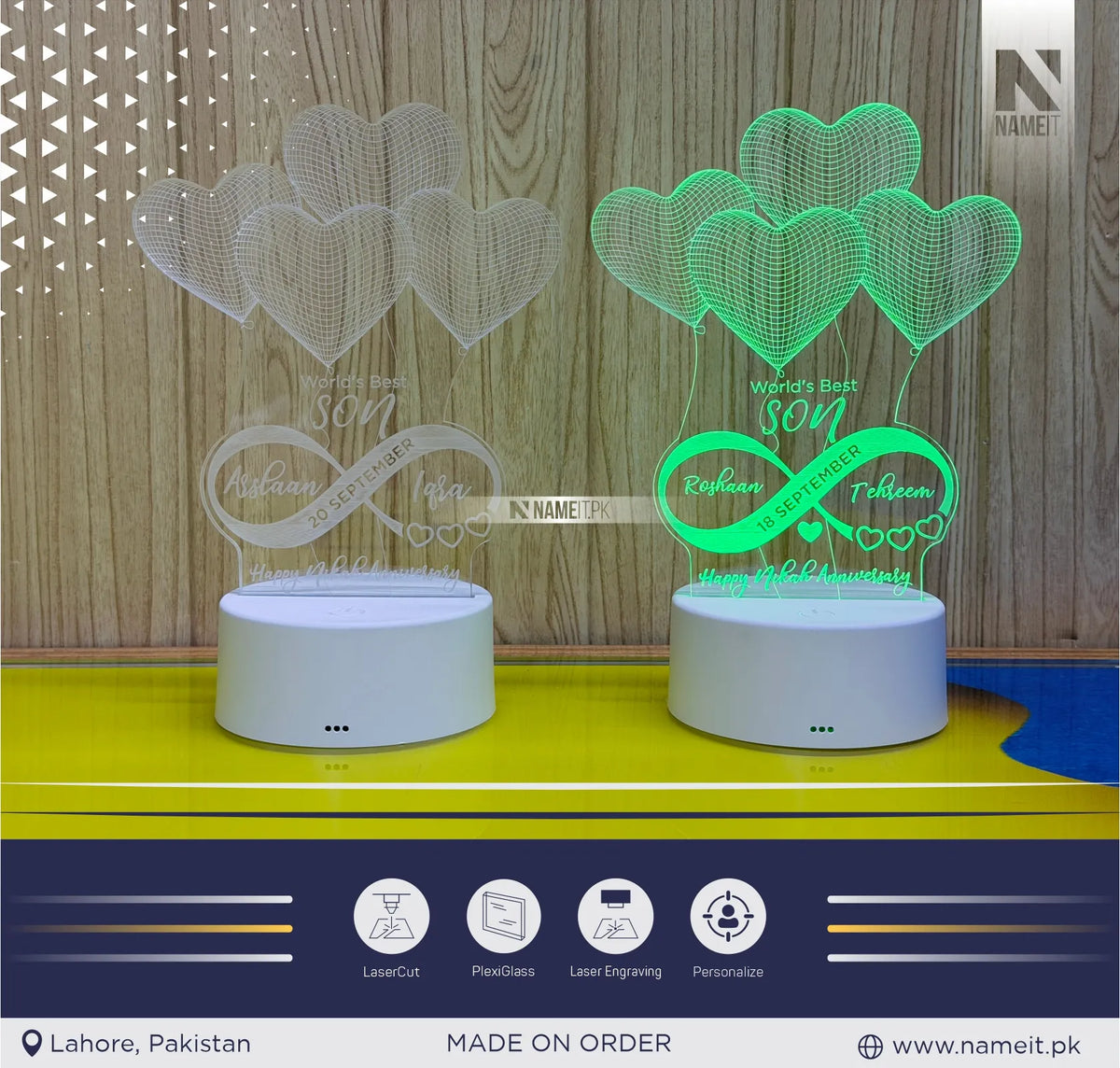Custom Engraved 3D Illusion Heart LED Night Light Lamp - Personalized Acrylic Anniversary and Nikah Gift with Names and Date