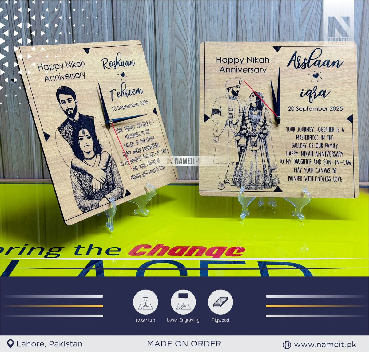 Personalized Wooden Nikah Anniversary Clock – Custom Engraved Couple Portrait & Heartfelt Message