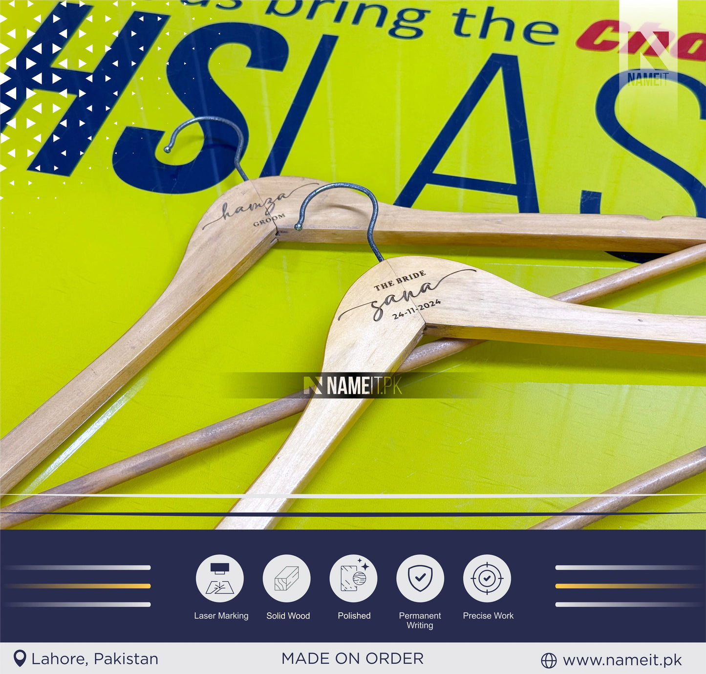 Wooden Hangers for Apparel Customized with your Name, Brand name, or logo engraved Shinny rich look Wooden Hangers