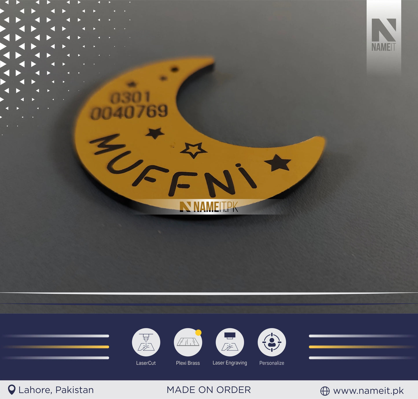 Pets Tag Personalized, Moon Shap Tag, Pet Tags for Collars, Engraved Tag, Name Tag, Customized Pet Tag, Kitty Tag, Golden Acrylic Material NAMEIT PAKISTAN