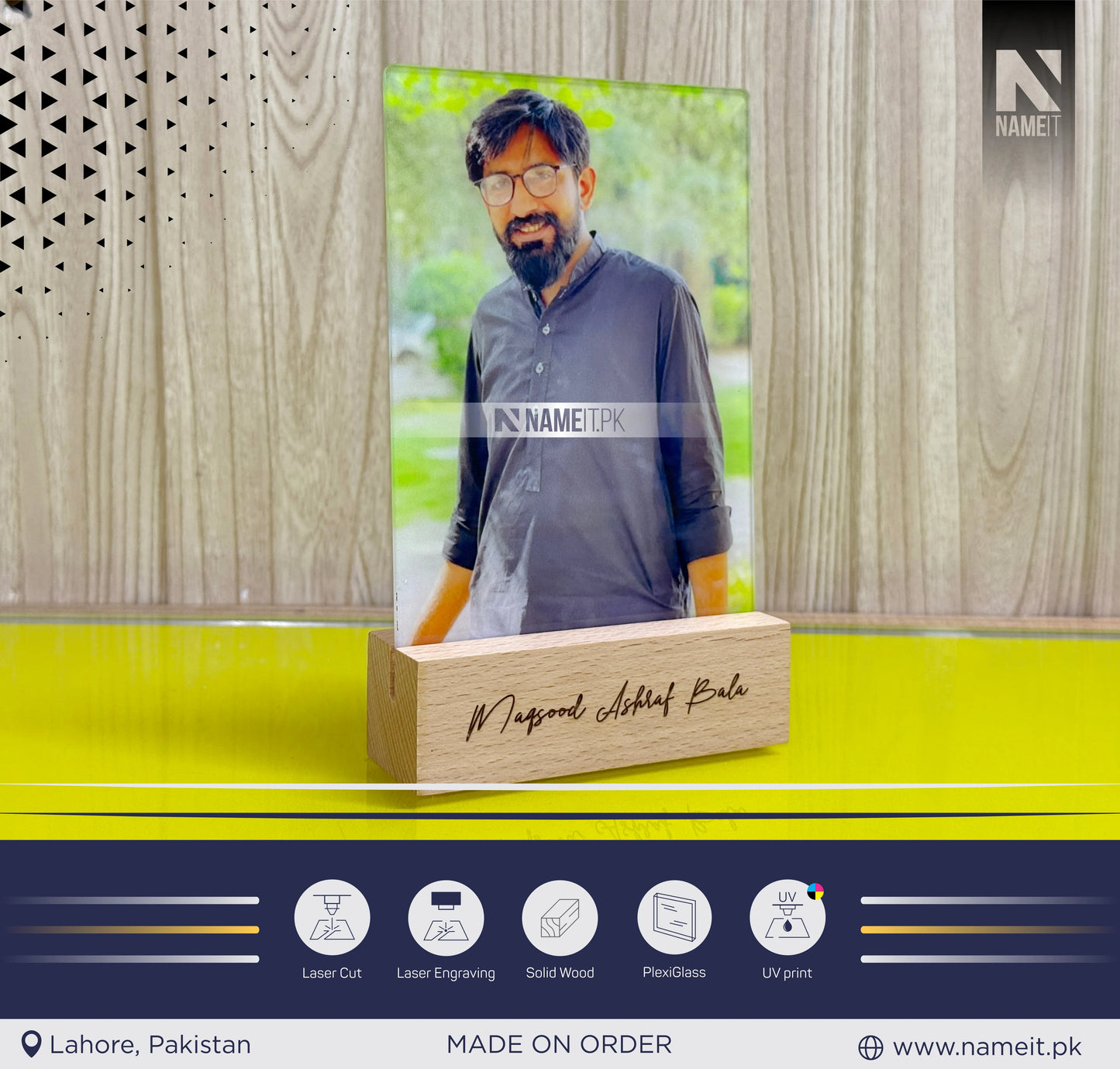 Table Photo Frame, Natural Wooden Base, Custom made table top photograph holder display plaque. Engrave with your own messag