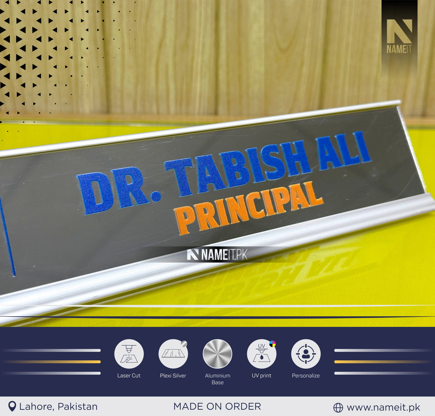 Table Name Plate, Changeable Text Plate, Desk Plaque with Uv Printed Name and Job Title, Silver Stand Modern Stylish Desk Accessories