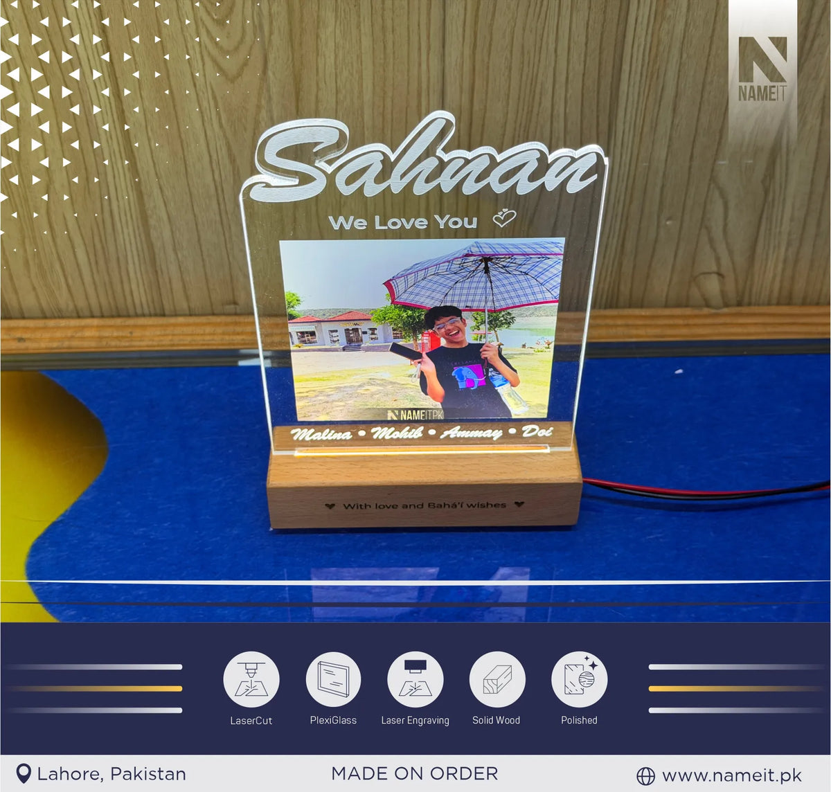 Custom Photo Printed Acrylic LED Night Light Lamp - Personalized Acrylic Frame with Engraved Wooden Light Base for Birthday, Anniversary & Family Gifts