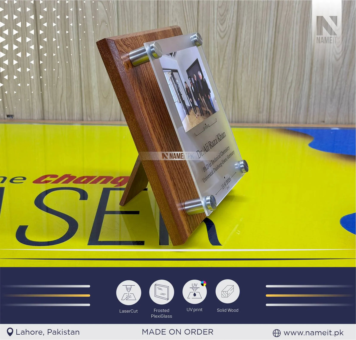 Custom Wooden Frame Award Plaque with Floating Frosted Acrylic Panel – Personalized Direct UV Printed Photo and Text Graduation, Corporate Recognition, and Memorial Trophy Milestone Gift