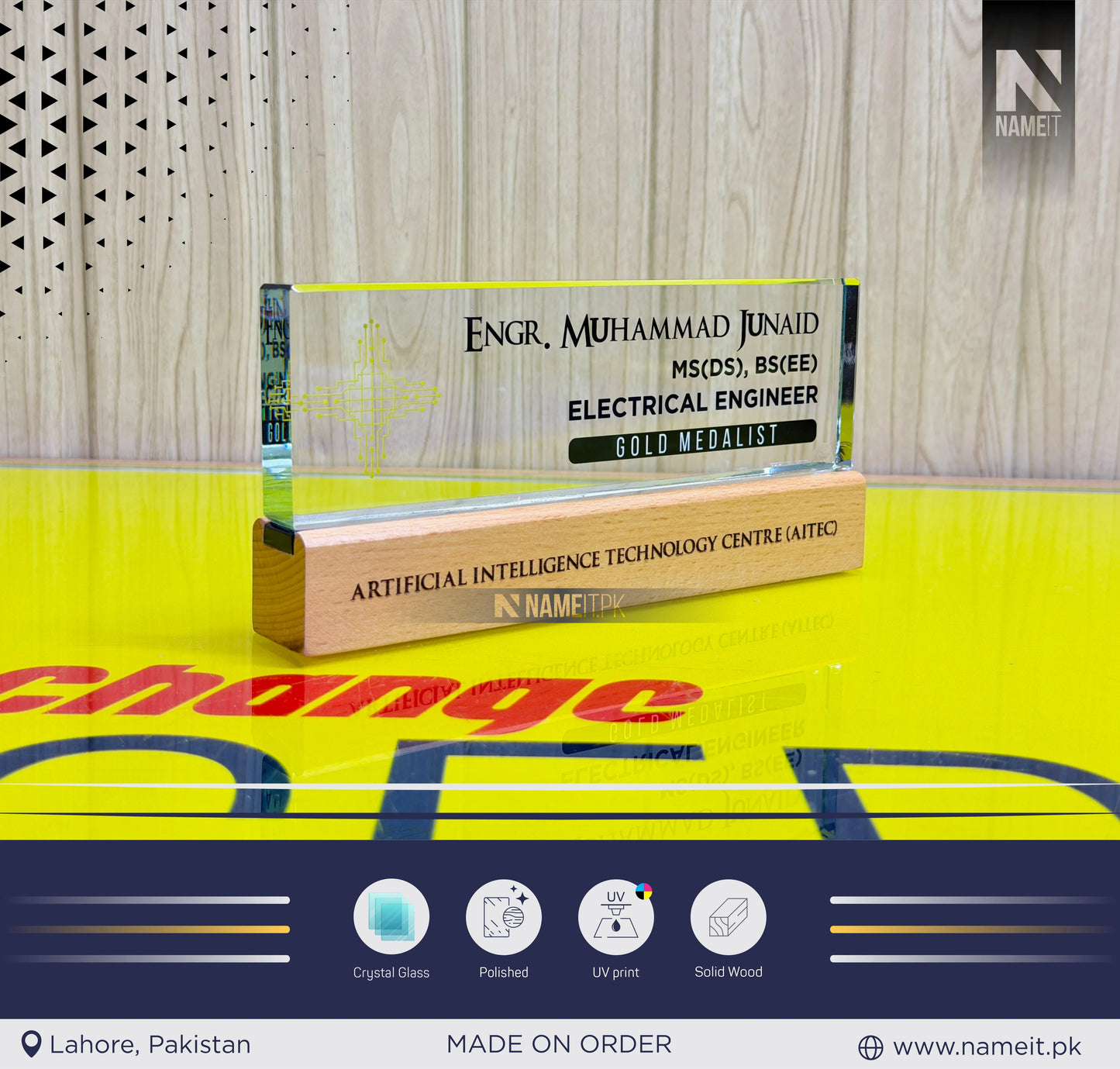 Premium Customized Glass Desk Name Plate with Wooden Base – Personalized Office Name Sign with UV Digital Printing for Lawyers, Doctors & Corporate Professionals