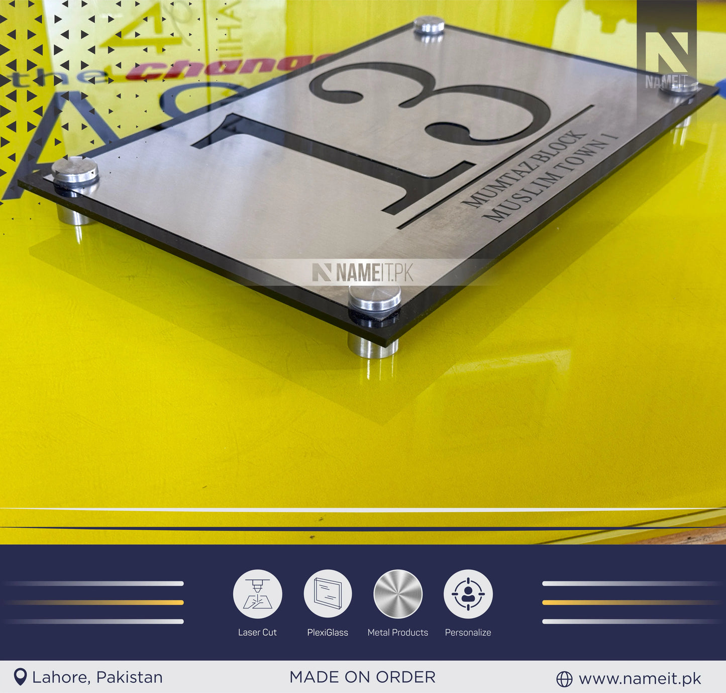 Laser Cut Stencil Name Plate Steel & Acrylic, indoor & outdoor, Office name Plate, House Name Plate