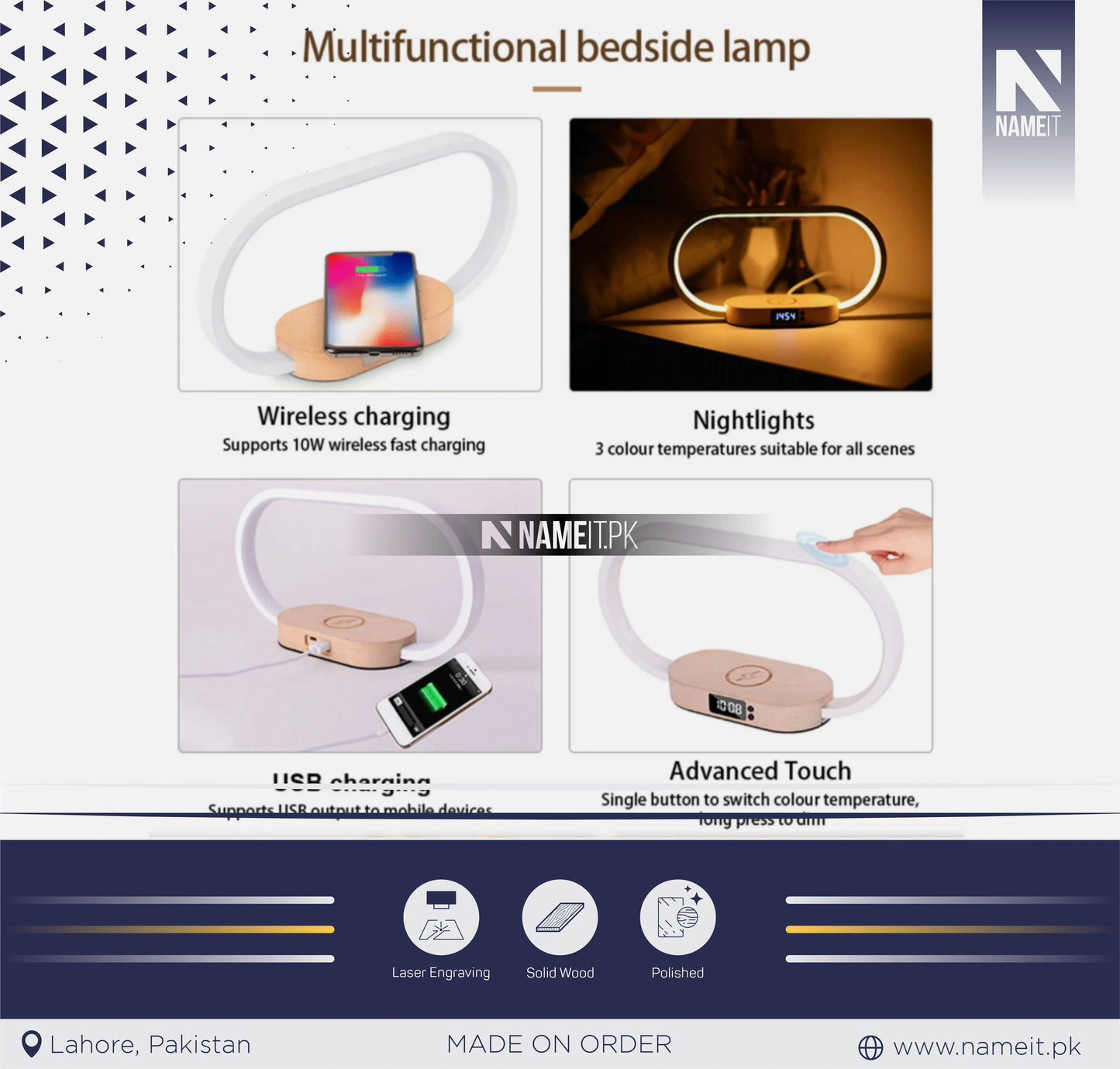 Table Lamp, Touch Bedside Lamp Brightness Adjustable Wireless Charger with Clock Function