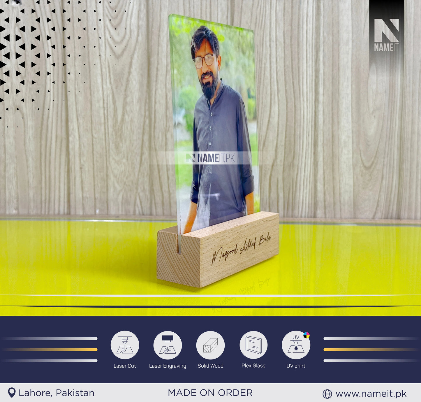 Table Photo Frame, Natural Wooden Base, Custom made table top photograph holder display plaque. Engrave with your own messag