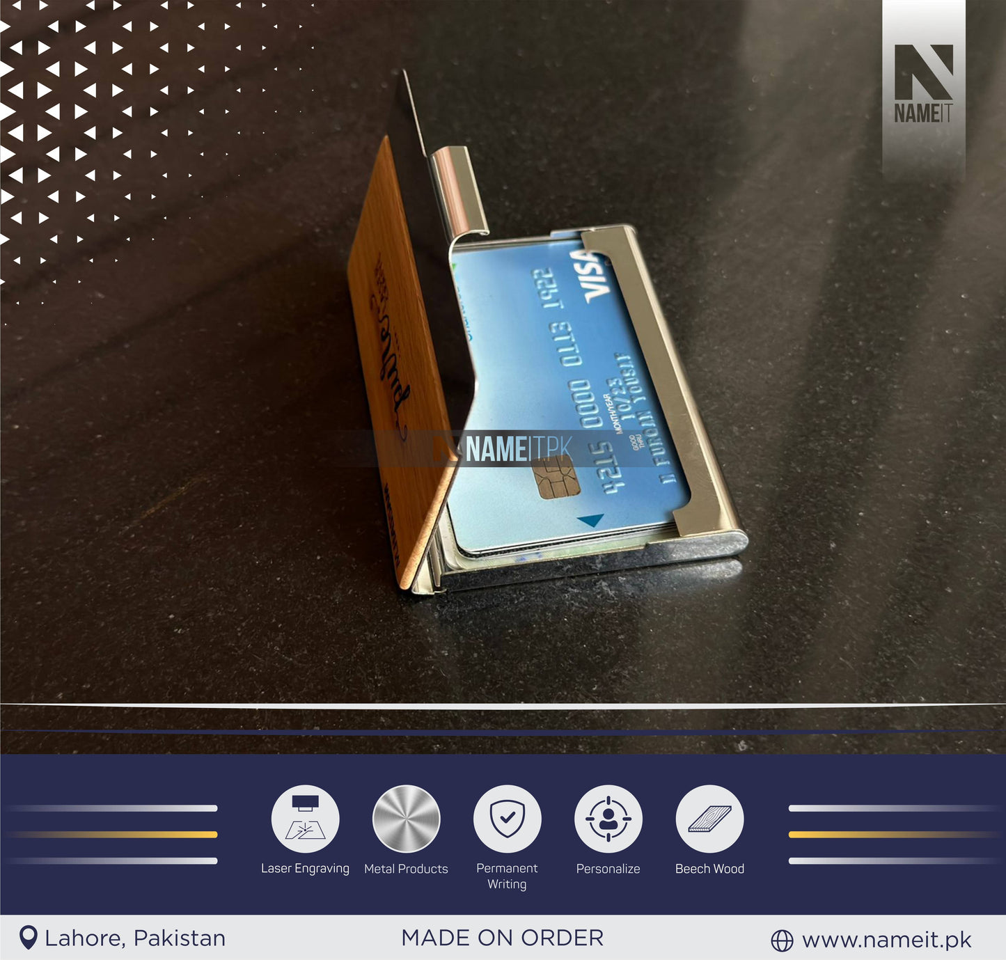 Company Personalized Business Wood & Metal Card Holder, Logo/Text Laser Engraved NAMEIT PAKISTAN