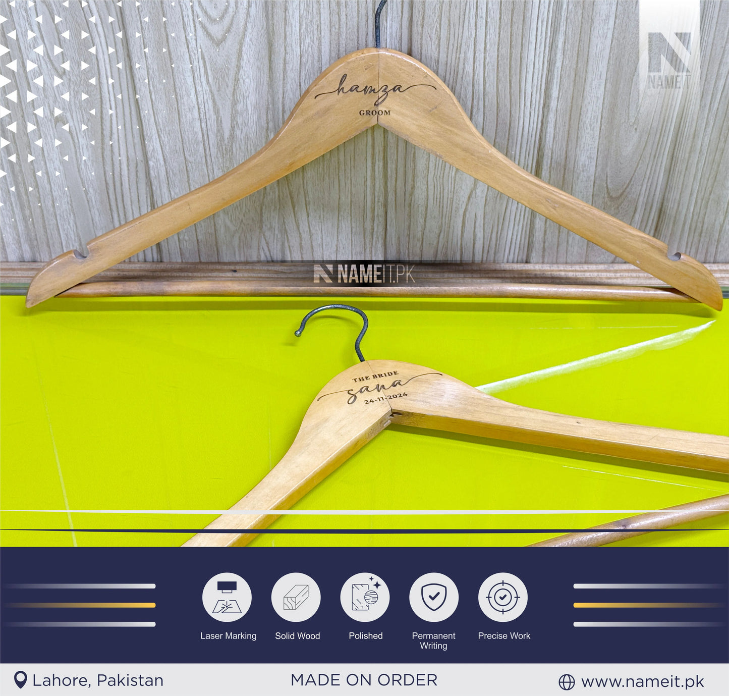 Wooden Hangers for Apparel Customized with your Name, Brand name, or logo engraved Shinny rich look Wooden Hangers