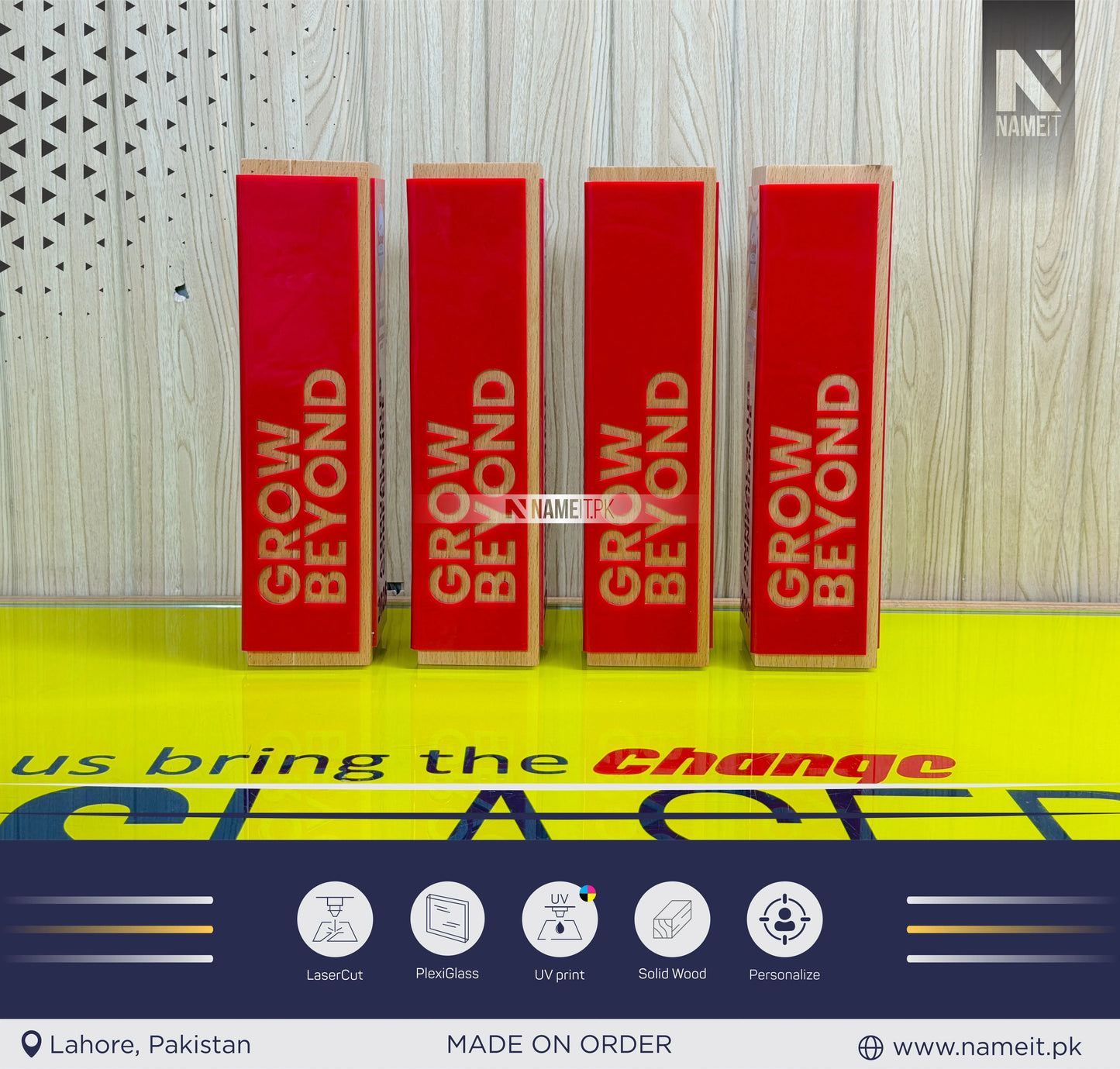 TOWER Personalised Wooden Acrylic Trophy Award Personalized Bespoke Design Custom Modern Plaque Wood ,Unique Corporate Trophy with UV Print