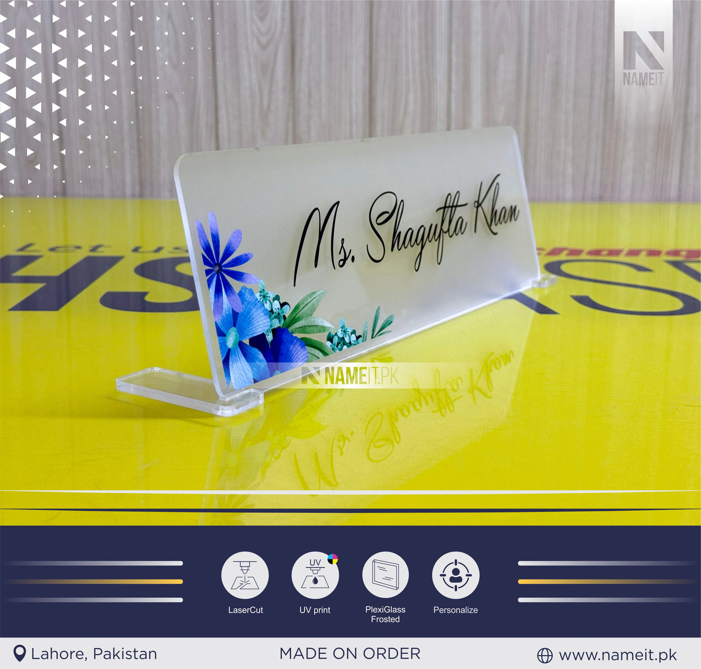 Name Plate For Table Custom Frosted Acrylic with Leaves Pattern, Table Top Decoration, Frosted Plexiglass, Modern Desk Decoration