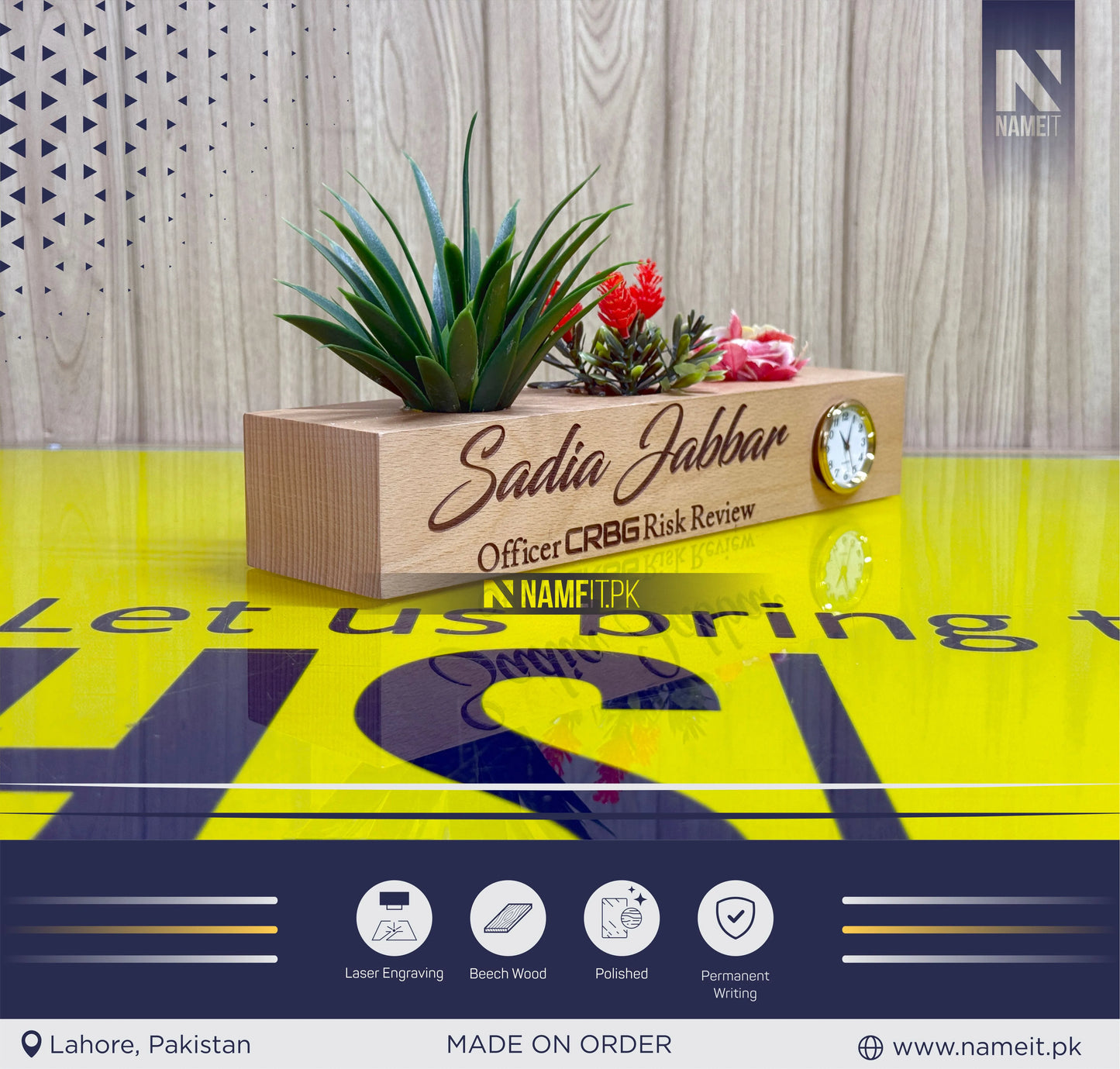 Name Plate For Desk, Customize Wooden Desk Name Plate with Plants, Wooden Official Name Plate