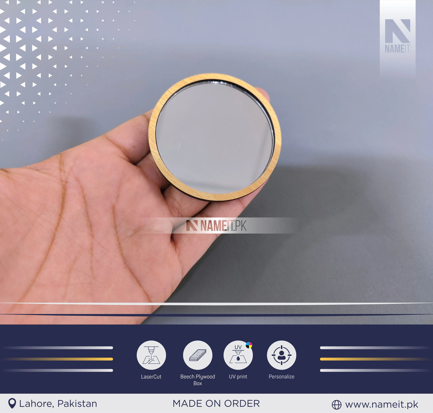Custom Round Mirror, Wooden Makeup Small Mirror Portable NAMEIT PAKISTAN
