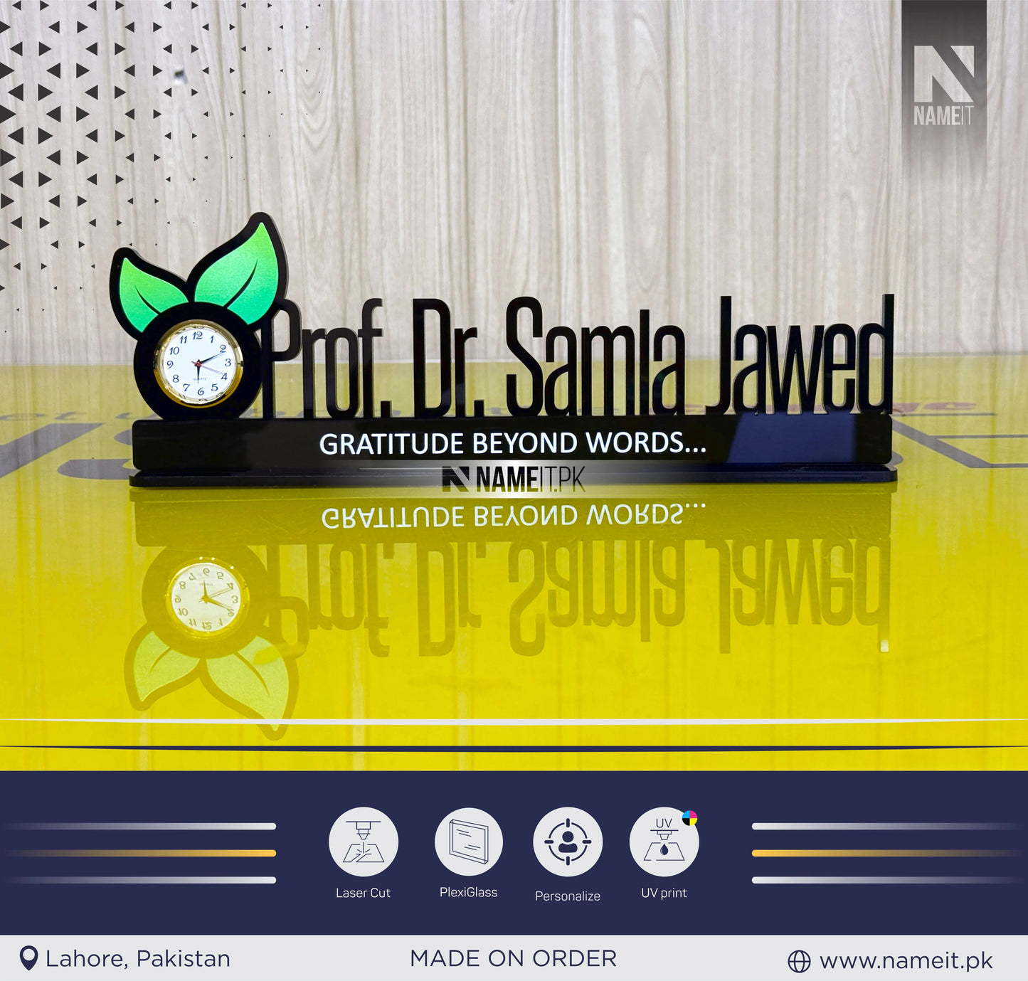 Table Name Plate, Custom Black Acrylic Desk Name Plate with Clock – Personalized Office Table Name Sign – Elegant Desk Nameplate for Professionals"