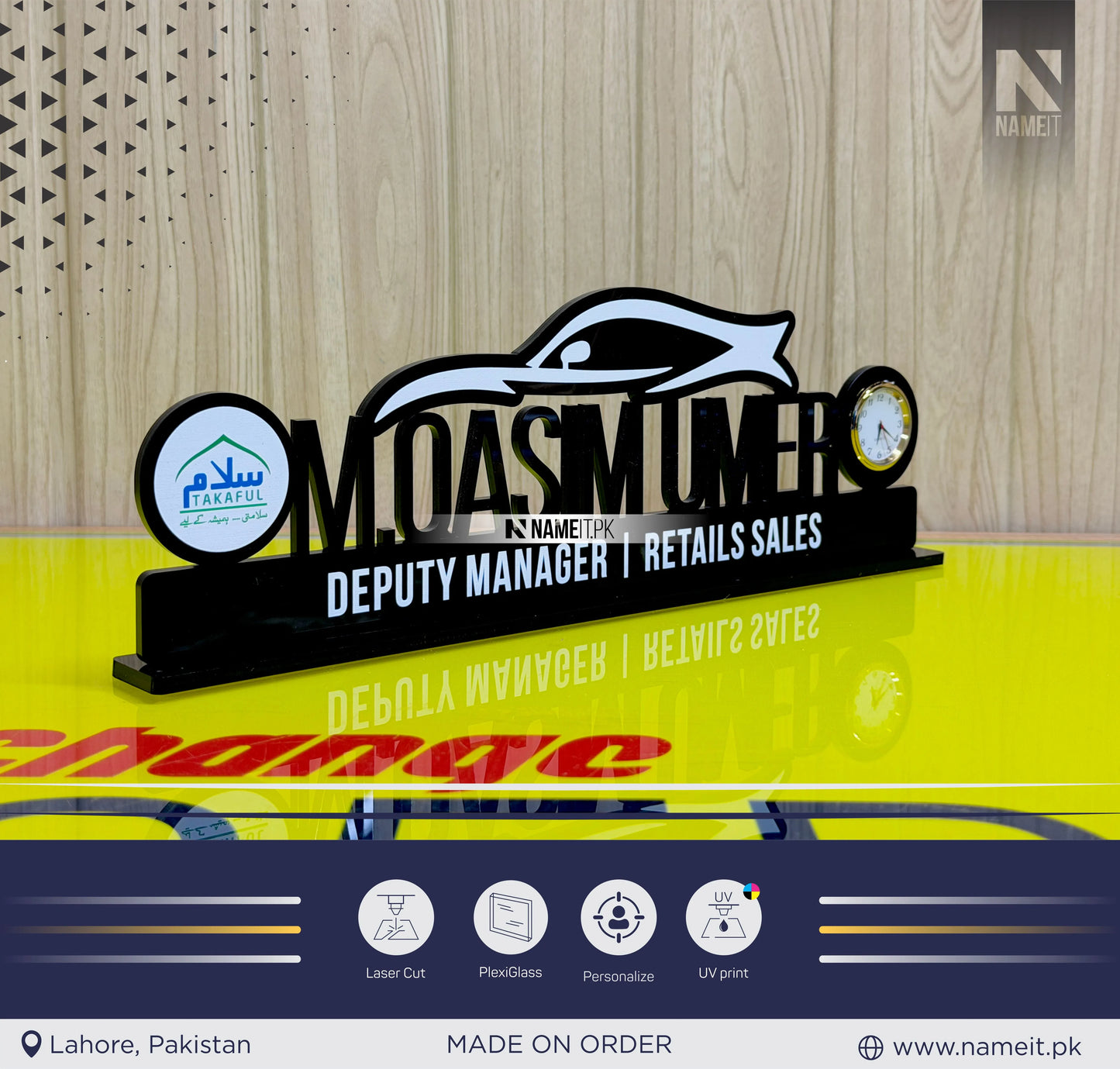 Table Name Plate, Custom Car Name Sign with Clock – Office Desk Name Plate, Office Decor Gift, Custom Black Acrylic Sign with Company Logo & Car Sign
