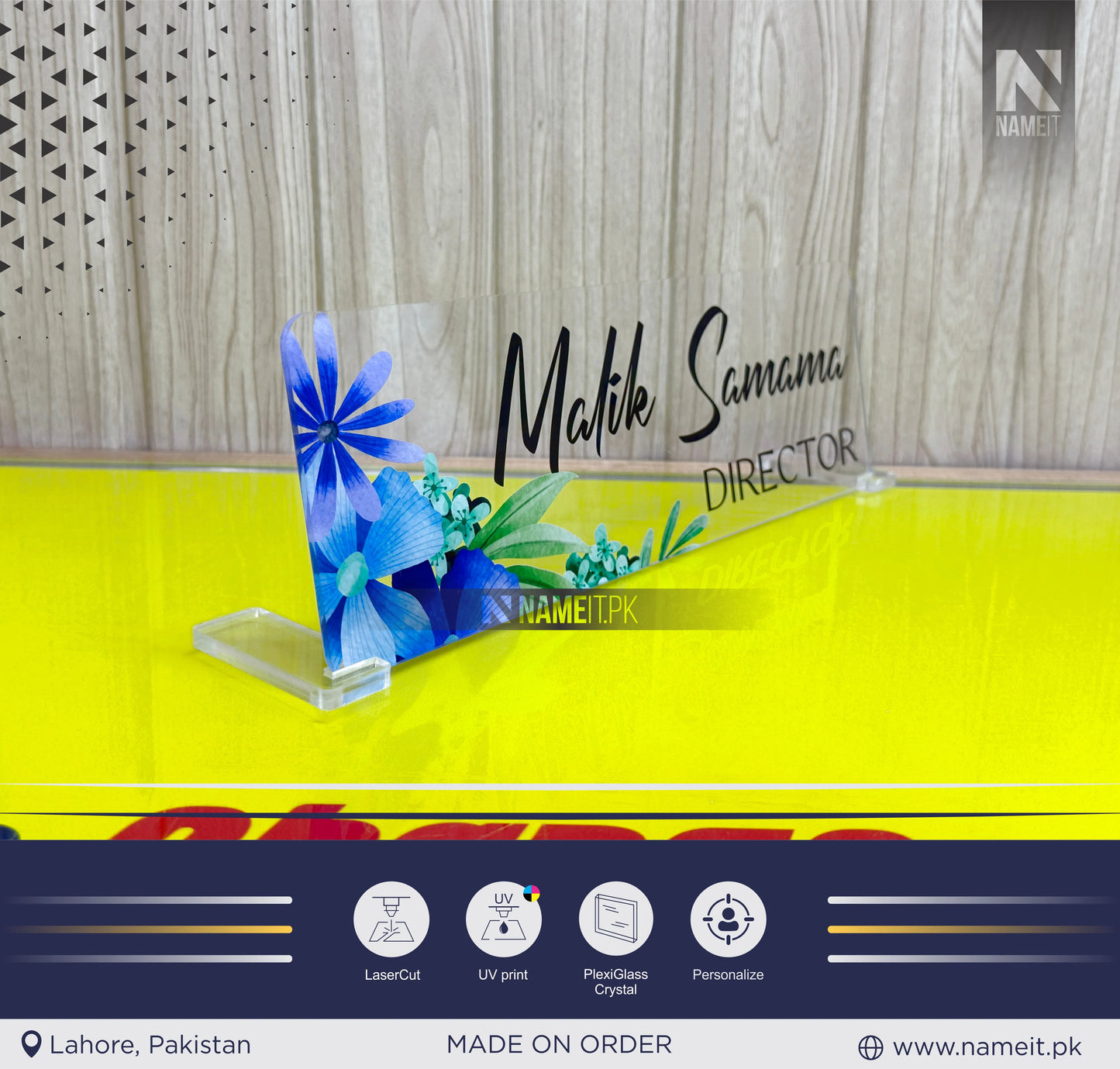 Name Plate For Table Custom Transparent Acrylic with Leaves Pattern, Table Top Decoration, Plexiglass, Modern Desk Decoration
