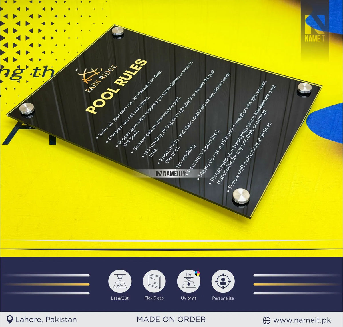 Luxury Transparent Acrylic Pool Rules Sign with Premium Reverse Inside Print and Stainless Steel Standoff Mounts - Modern Swimming Pool Safety & Regulations Wall Plaque