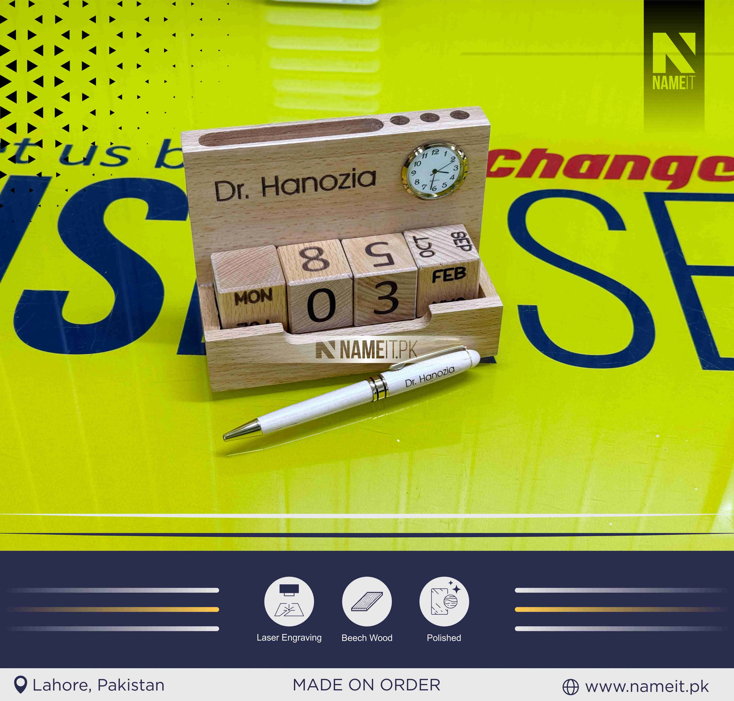 Wooden Pen stand with clock & Calendar With Pen | Desk organizer with Month, Date Calendar | Pen stand with clock for office, work, Home Decor, 2 compartment wooden pen stand