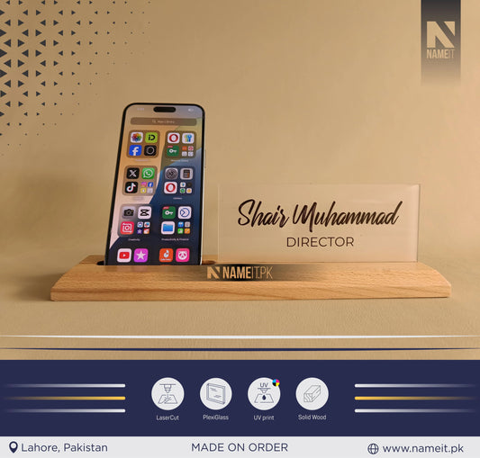 Desk Name Plate with Attached Business Card Holder, card display for office, Mobile Stand, name plate with business card holder for desk NAMEIT PAKISTAN