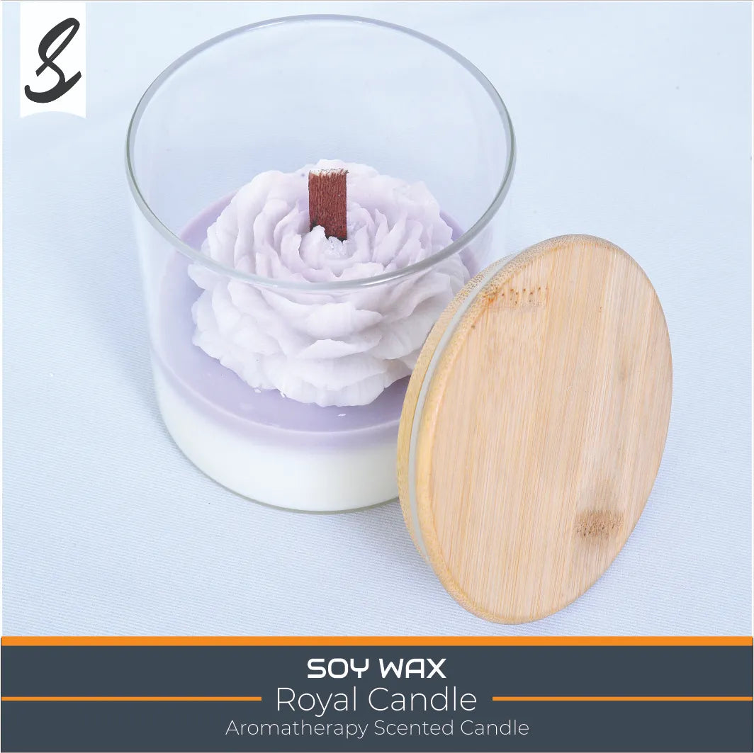 Candles , Soy Candle - Large Flower Aromatherphy Candle with Wooden Glass Jar