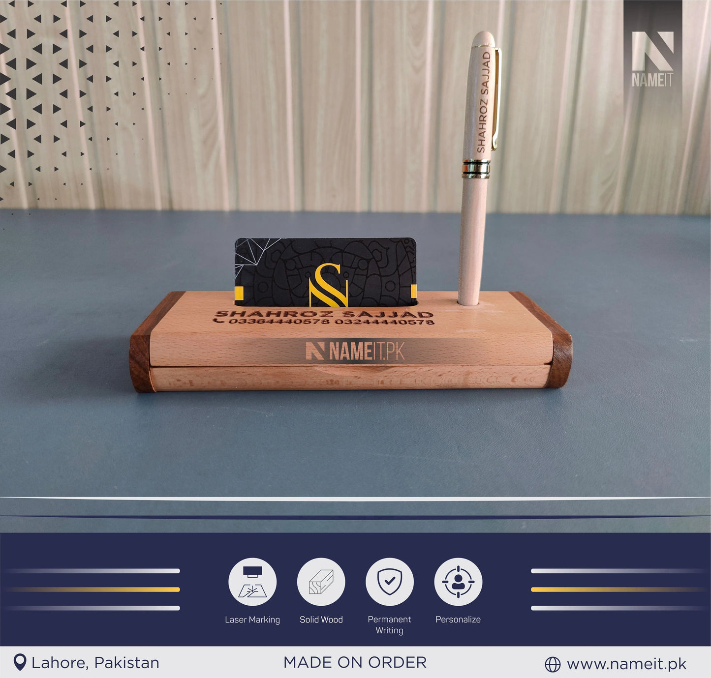 Wooden Pen and Holder Box, Custom Engraved Name Wooden Holder Box Set NAMEIT PAKISTAN