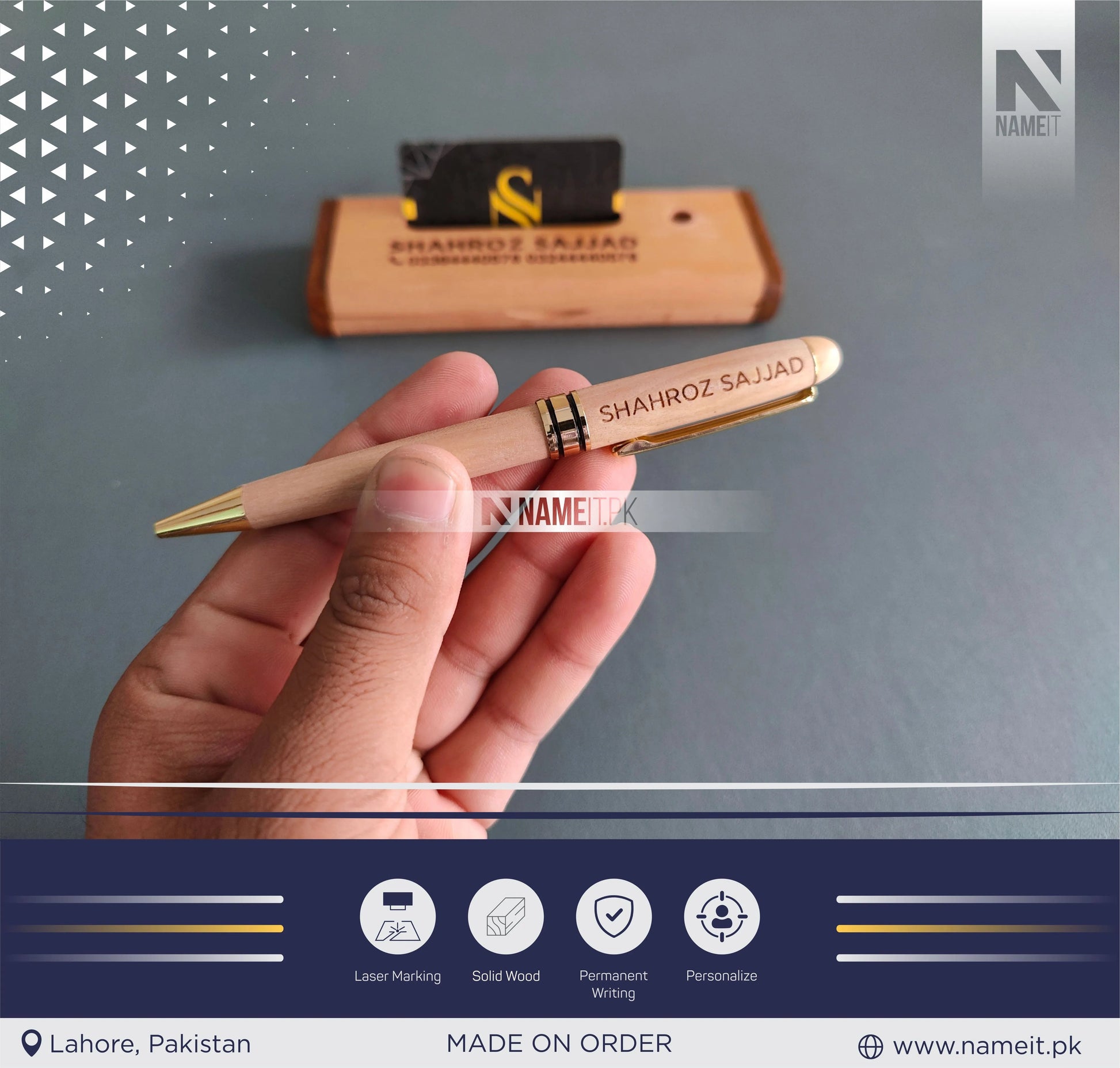 Wooden Pen and Holder Box, Custom Engraved Name Wooden Holder Box Set NAMEIT PAKISTAN