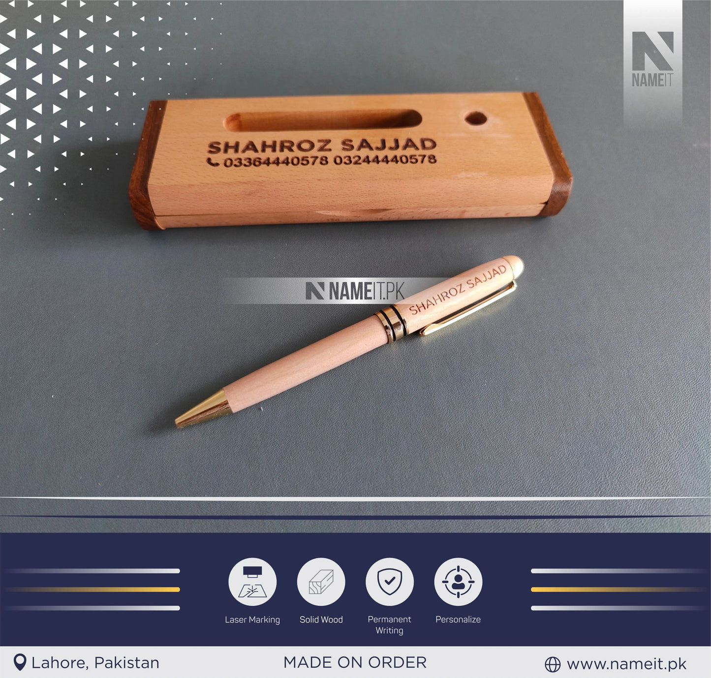 Wooden Pen and Holder Box, Custom Engraved Name Wooden Holder Box Set NAMEIT PAKISTAN