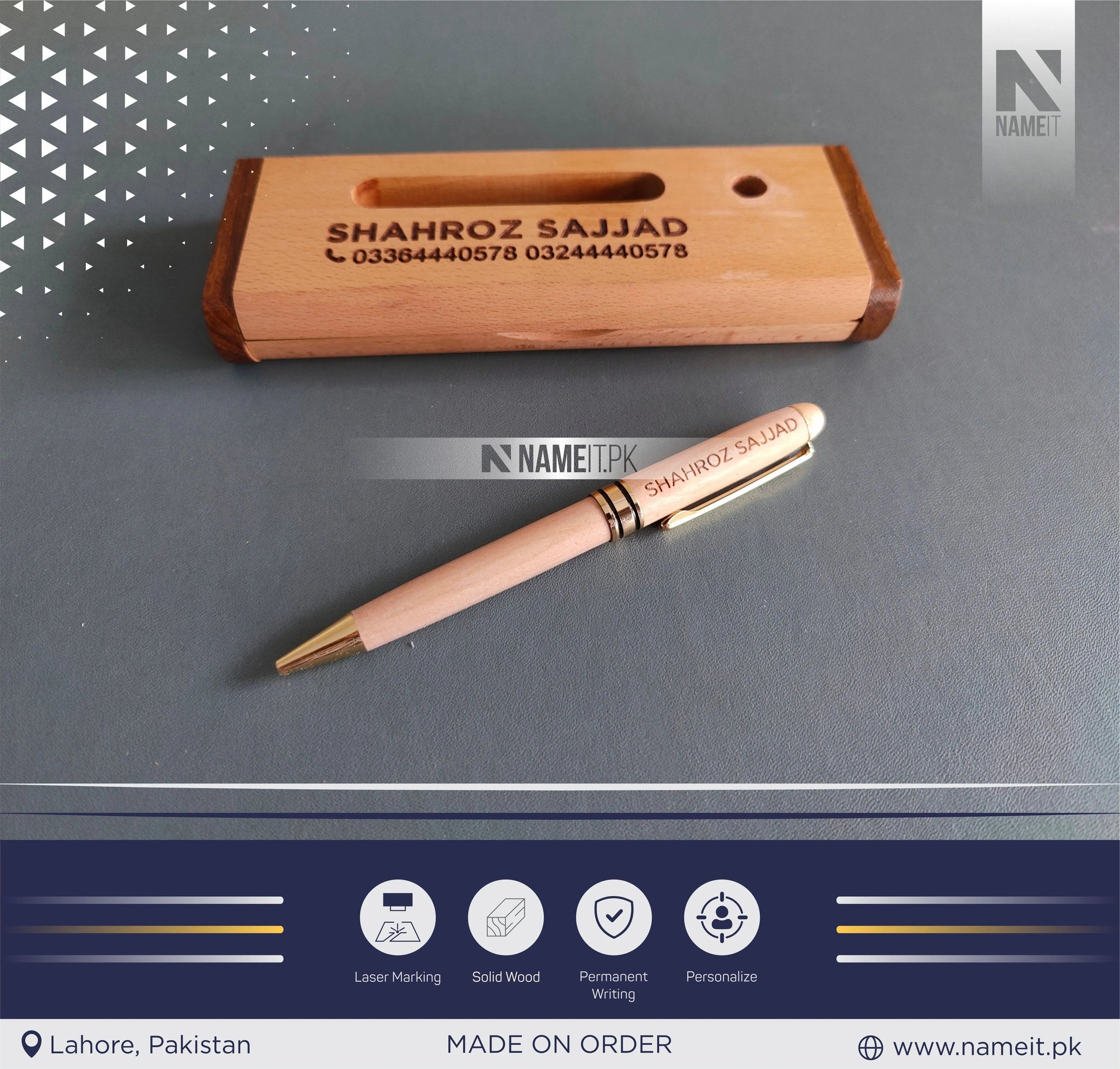 Wooden Pen and Holder Box, Custom Engraved Name Wooden Holder Box Set NAMEIT PAKISTAN