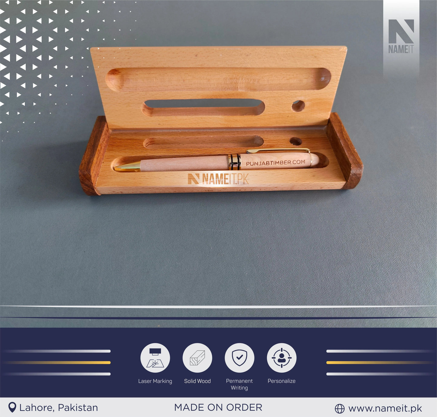 Wooden Pen and Holder Box, Custom Engraved Name Wooden Holder Box Set NAMEIT PAKISTAN