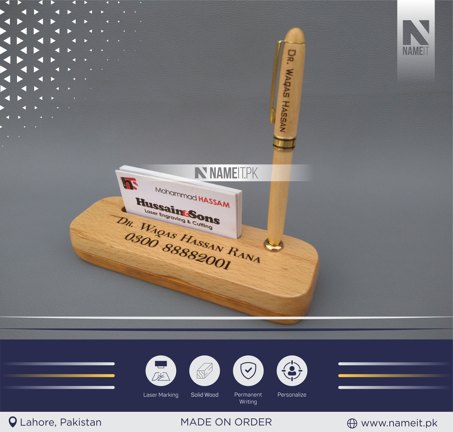 Wooden Pen and Holder Box, Custom Engraved Name Wooden Holder Box Set NAMEIT PAKISTAN