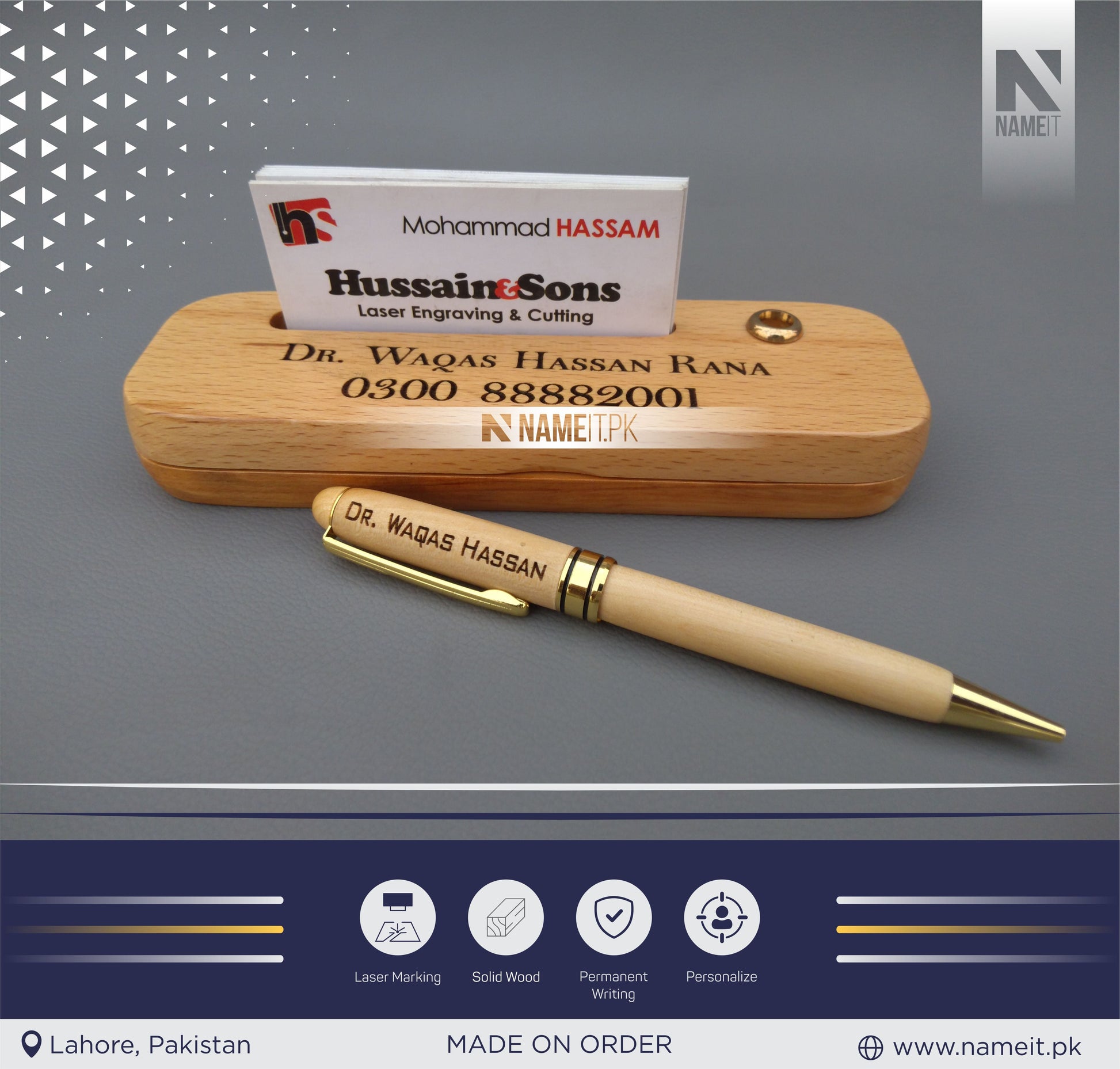 Wooden Pen and Holder Box, Custom Engraved Name Wooden Holder Box Set NAMEIT PAKISTAN