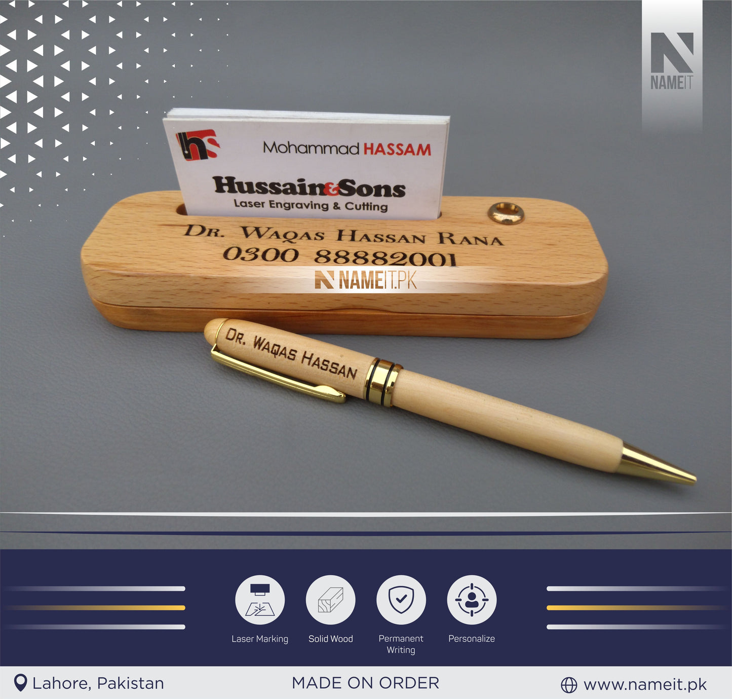 Wooden Pen and Holder Box, Custom Engraved Name Wooden Holder Box Set NAMEIT PAKISTAN