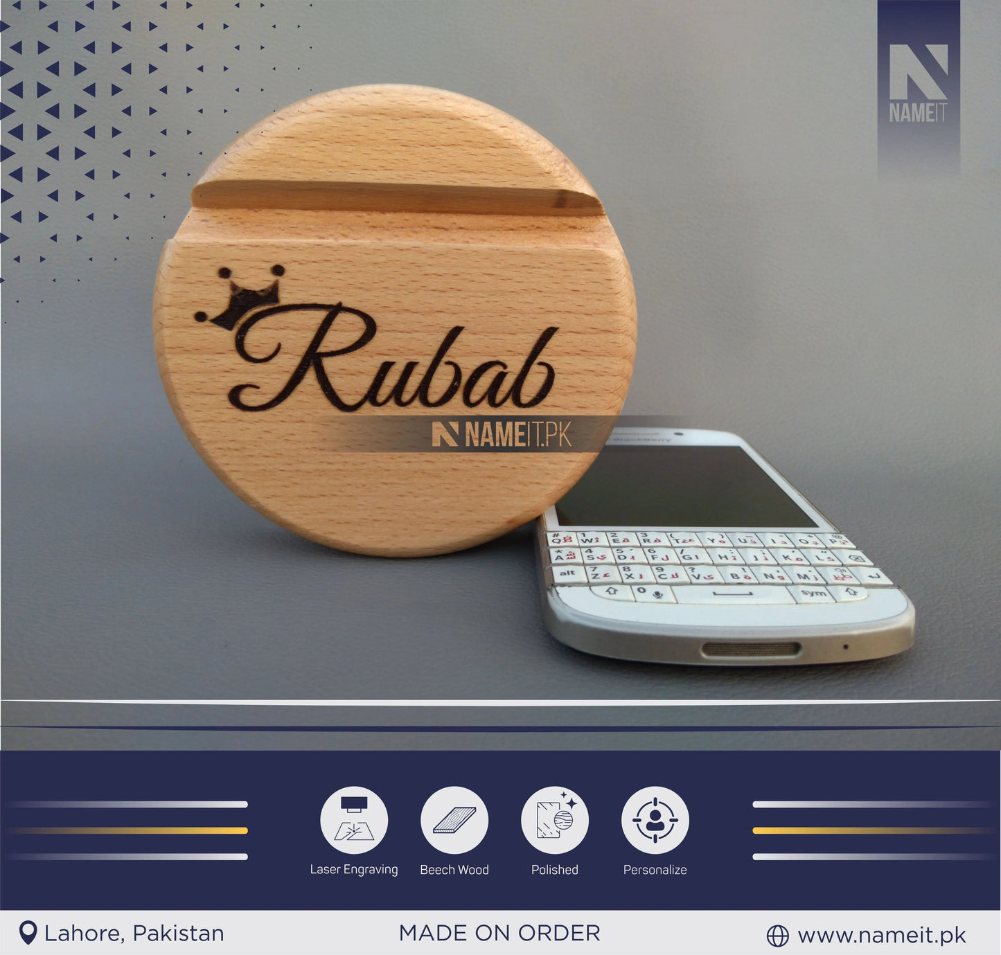 Mobile Wooden Stand, Customize Round Mobile Stand, Engraved Mobile Wooden Stand. NAMEIT PAKISTAN